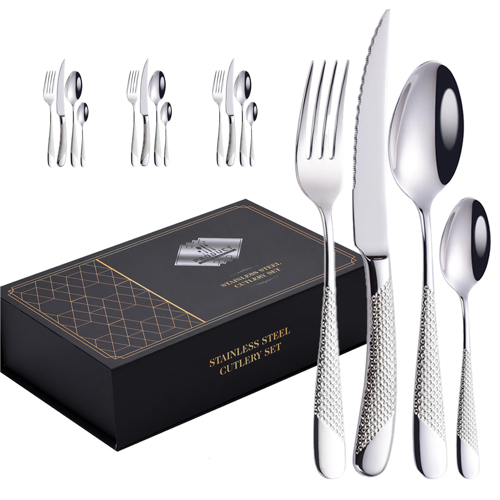 Couverts Ménagères Ensemble De 4 Acier Inoxydable Élégant Sain Durable, Comprend Une Cuillère À Fourchette À Couteau Pour Maison, Hôtel, Restaurant, Nouvelle Maison (Argent,16pcs)