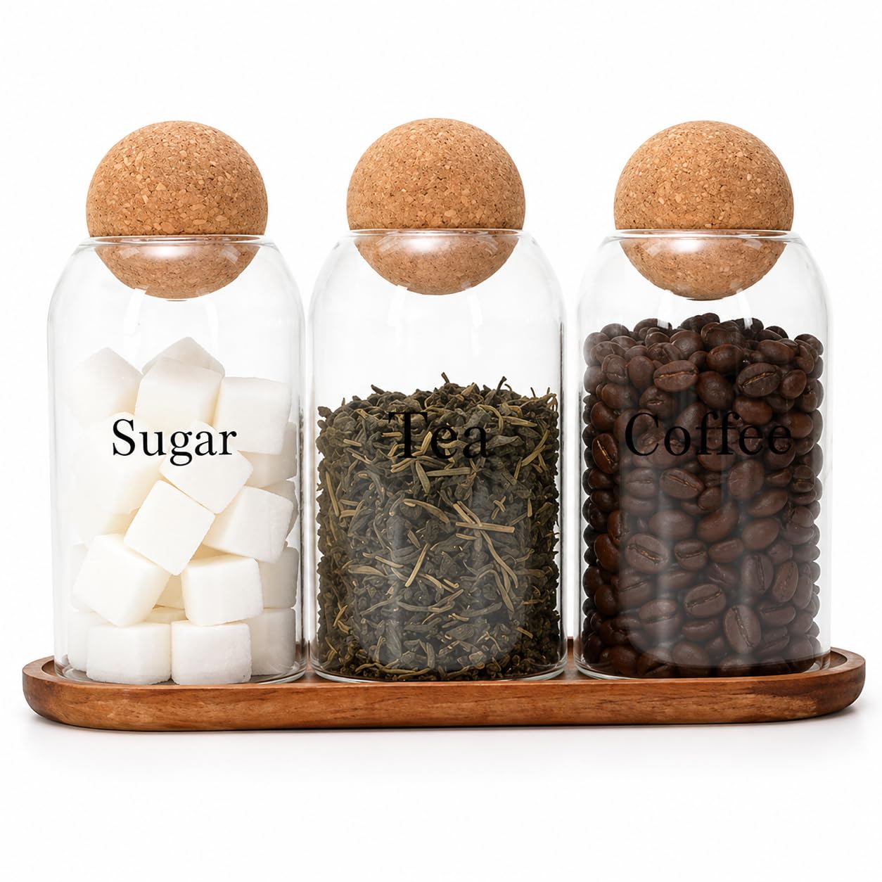Gzsekken 3 Pack Tea Coffee Sugar Canisters, Glass Food Storage Jars with Cork Lid & Wooden Tray, Kitchen Canisters for Dry Food, Decorative Coffee Bar Counter Tabletop Storage Jars(700 ml)