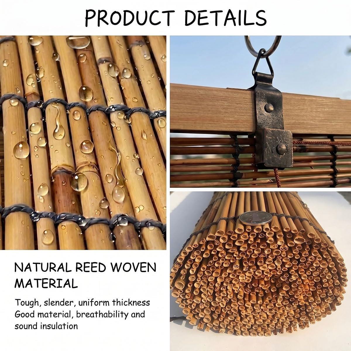 Bambusrollo Outdoor Wetterfest, Natur Bambus Rollo mit Lifter, Sichtschutz Balkon Bambus, Sonnenschutzrollo Außen für Garten, Schilf Vorhang Aussenbereich, Verdunkelung(Natural,100W x 120H cm)