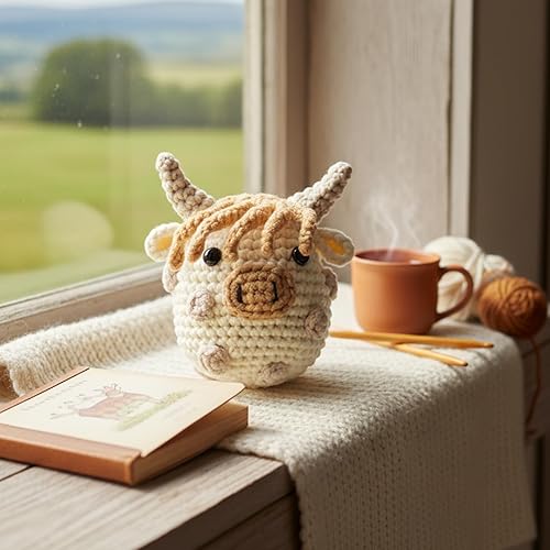 Miniatura 14 de Kit de ganchillo para principiantes: kit de ganchillo de vaca Highland, incluye hilo suave fácil de tejer, tutorial en video paso a paso, gancho