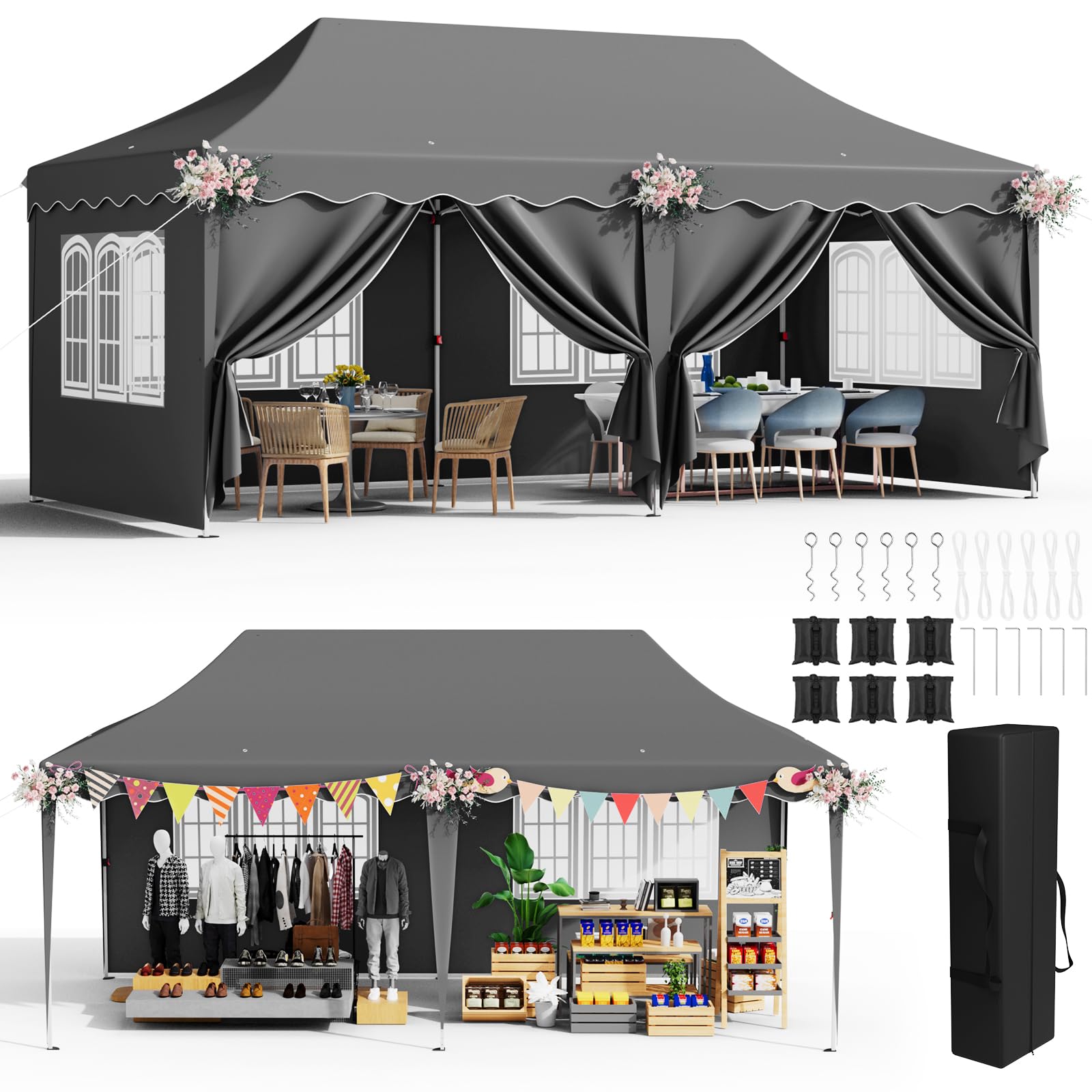 Pavillon 3x6 mit 6 Seitenwänden, Faltpavillon 3x6 Wasserdicht Stabil Winterfest, Faltbar Partyzelt 3 x 6, Anti-UV 50+ Gartenpavillon, 6 PCS Sandsack 12 Erdhaken, für Markt, Hochzeiten, Patio, Grau