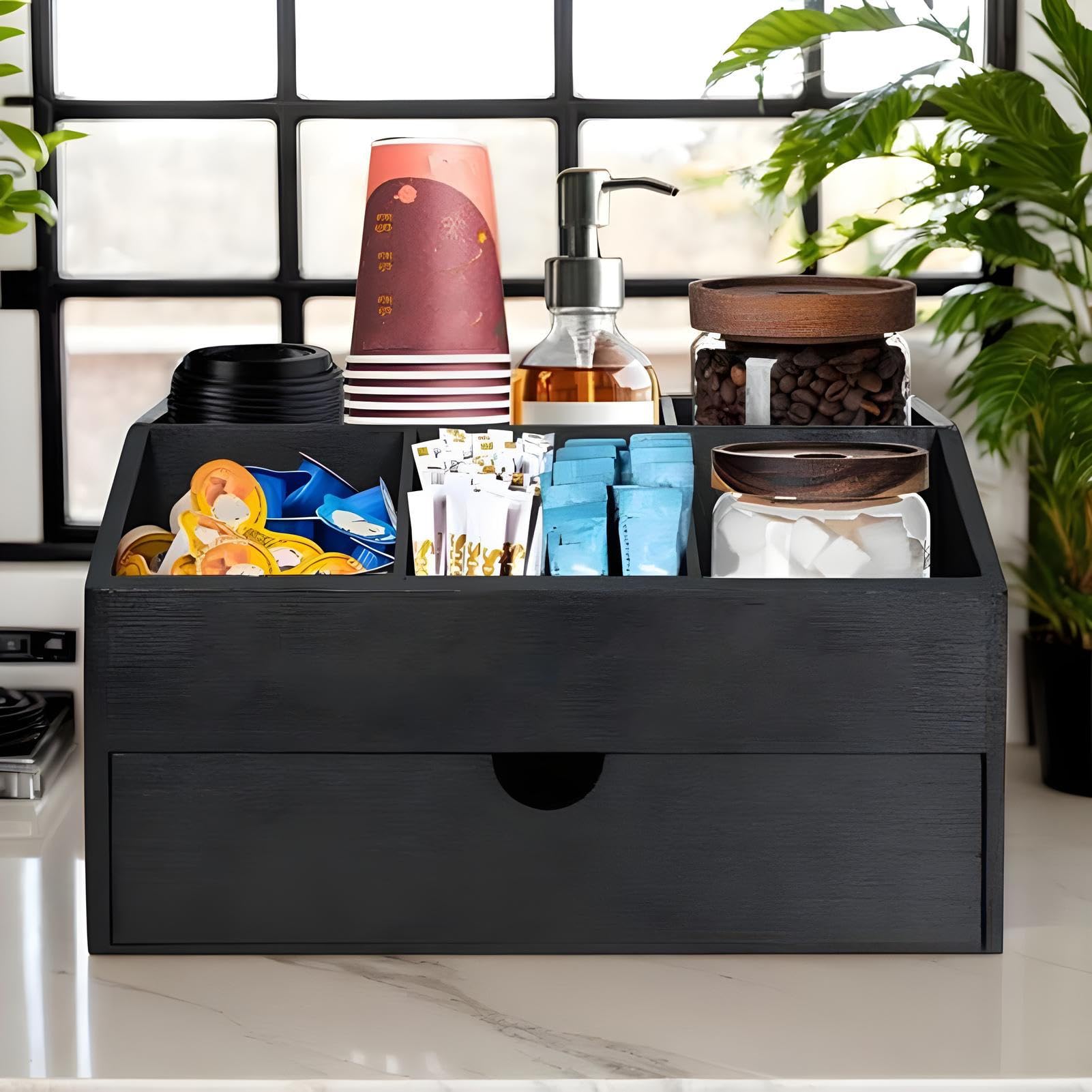 Tè e caffè in legno con cassetto elegante soluzione per casa, ufficio, tavolo da pranzo e soggiorno, perfetto per gli amanti del tè e gli appassionati di caffè