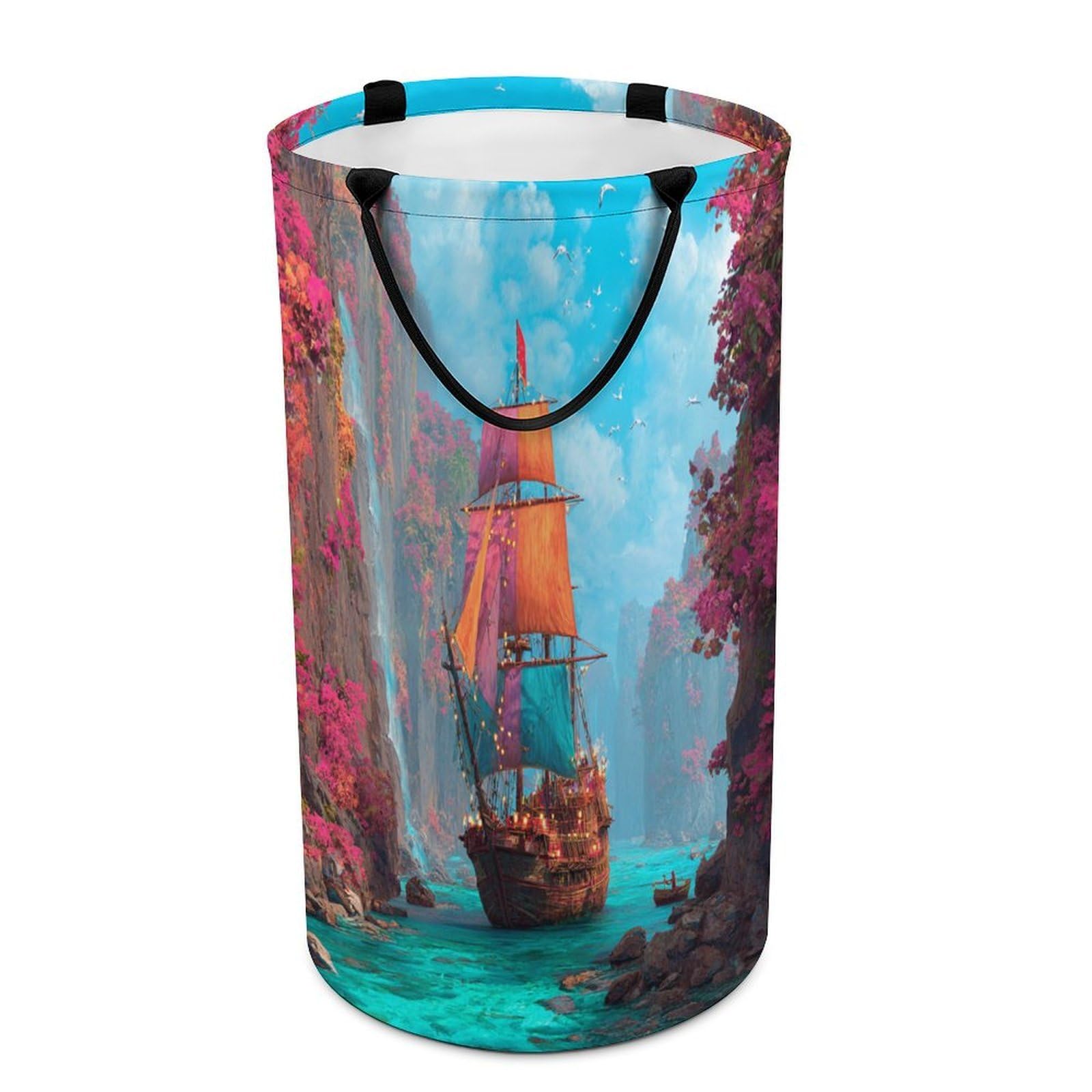 LUYYSKY Fantasy Realistic Pirate Ship Collapsible Dirty Clothes Basket, Mid Century Funny Nautical Tropical Cliff Sea Boat Plant Floral Portable Clothes Storage Laundry Basket-40 CM Dia, 69 CM High