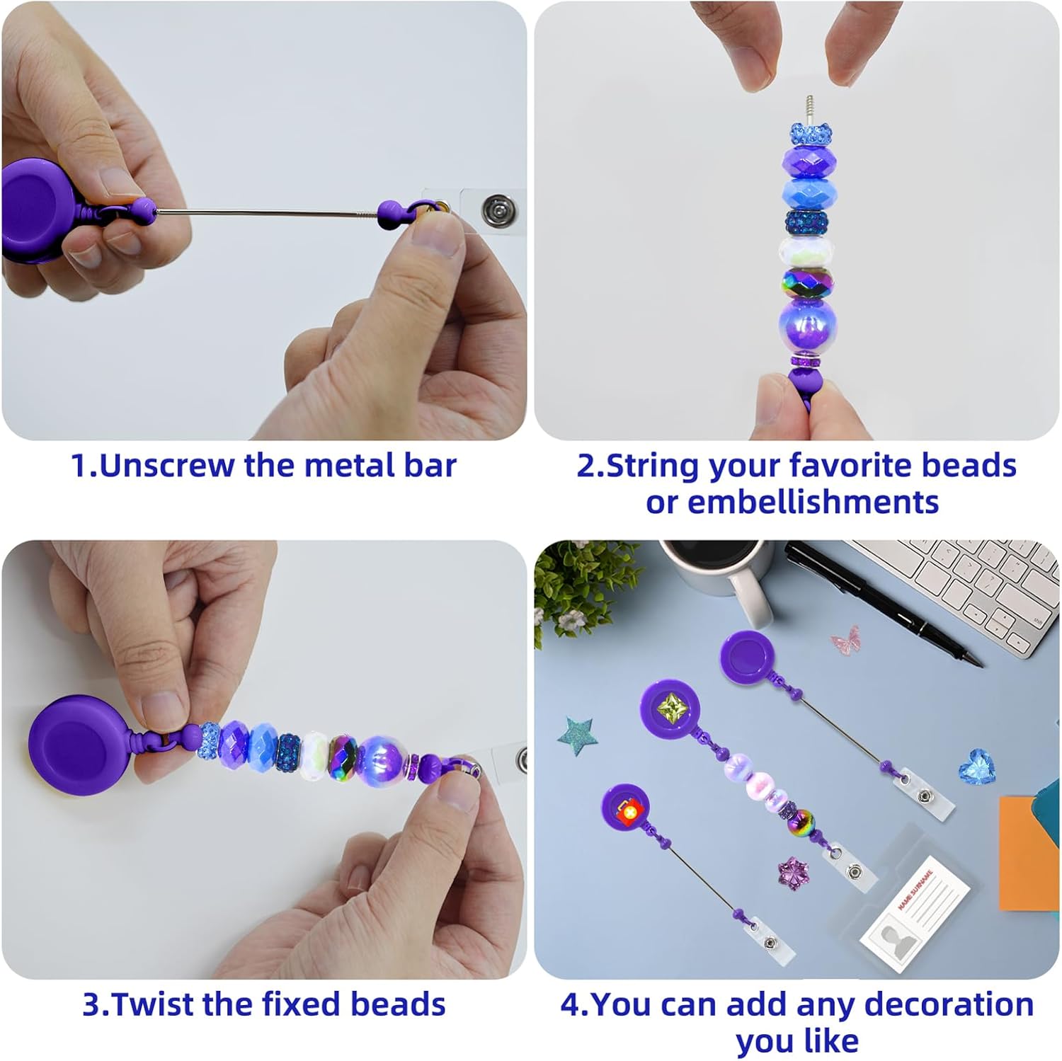 50pcs Beadable Badge Reels Making Kits - Beaded Blank Bars Bulk - Retractable Badge Reel with Belt Clip for ID Name DIY Gift Beadable Items for Nurses,Teachers, Students, Office, Workers (Purple)