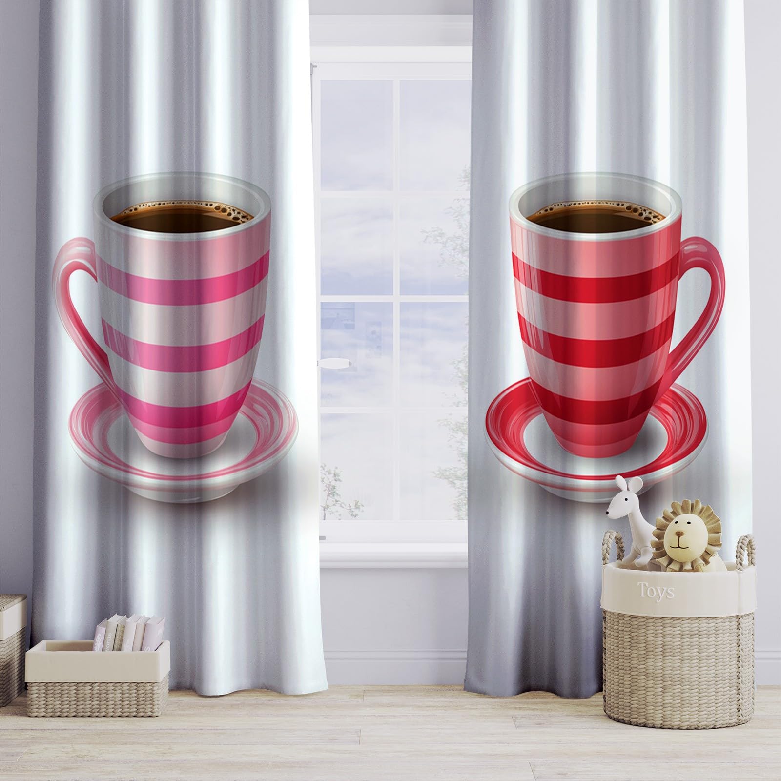 Generico Zasłony zaciemniające do sypialni, salonu, 91,5 l x 214 cm (2 panele) kubek do kawy w paski z oczkami z nadrukiem, białe zasłony termiczne