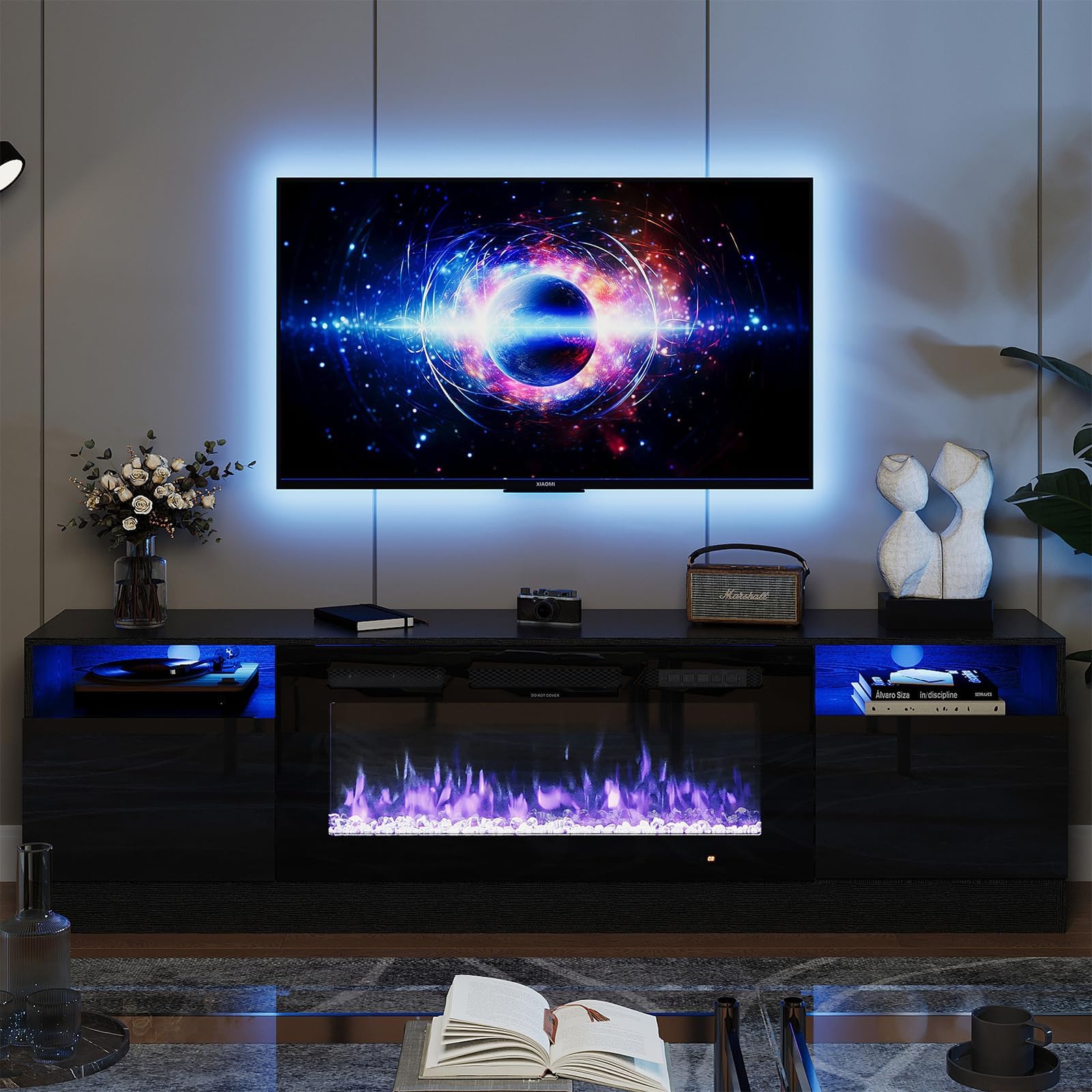 oneinmil Fireplace TV Stand with 36" Electric Fireplace, LED Light Entertainment Center, Modern Wood Texture Entertainment Stand with Highlight Storage Cabinet for TVs Up to 80", 70 inches, Black