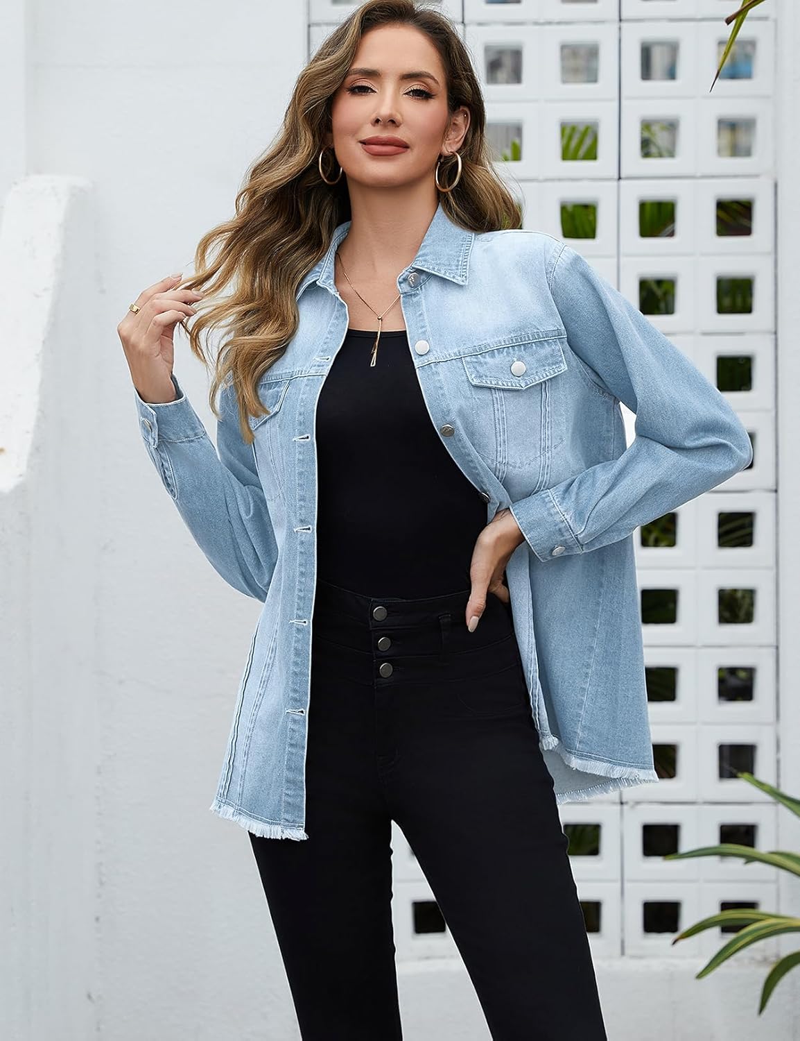 Women's Denim Jacket Long Sleeve Button Down Jean Jackets Frayed Hem Western Shirts with Pockets - Image 6
