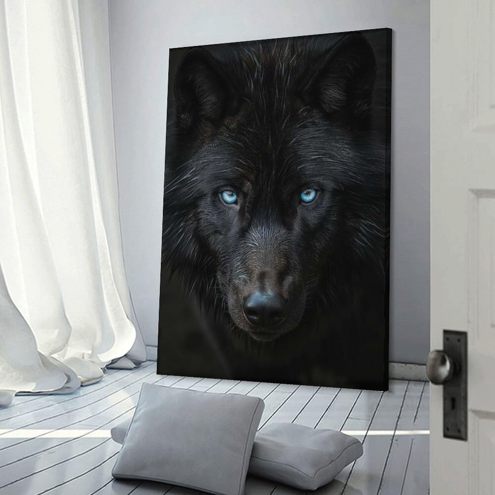 Junmoney Frame-Style-22-1 Black Wolf Portrait Decorative Wall Artwork, 16X24inch(40X60cm), For Home Lounge, Bedroom Or Reading Nook, Easy Decor For Gallery Walls