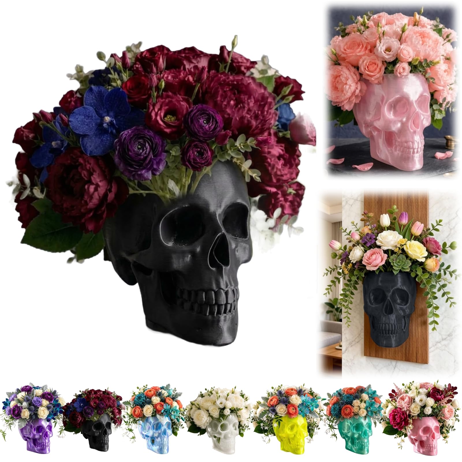 Florero de calavera translucida negra con soporte doble de pared y mesa