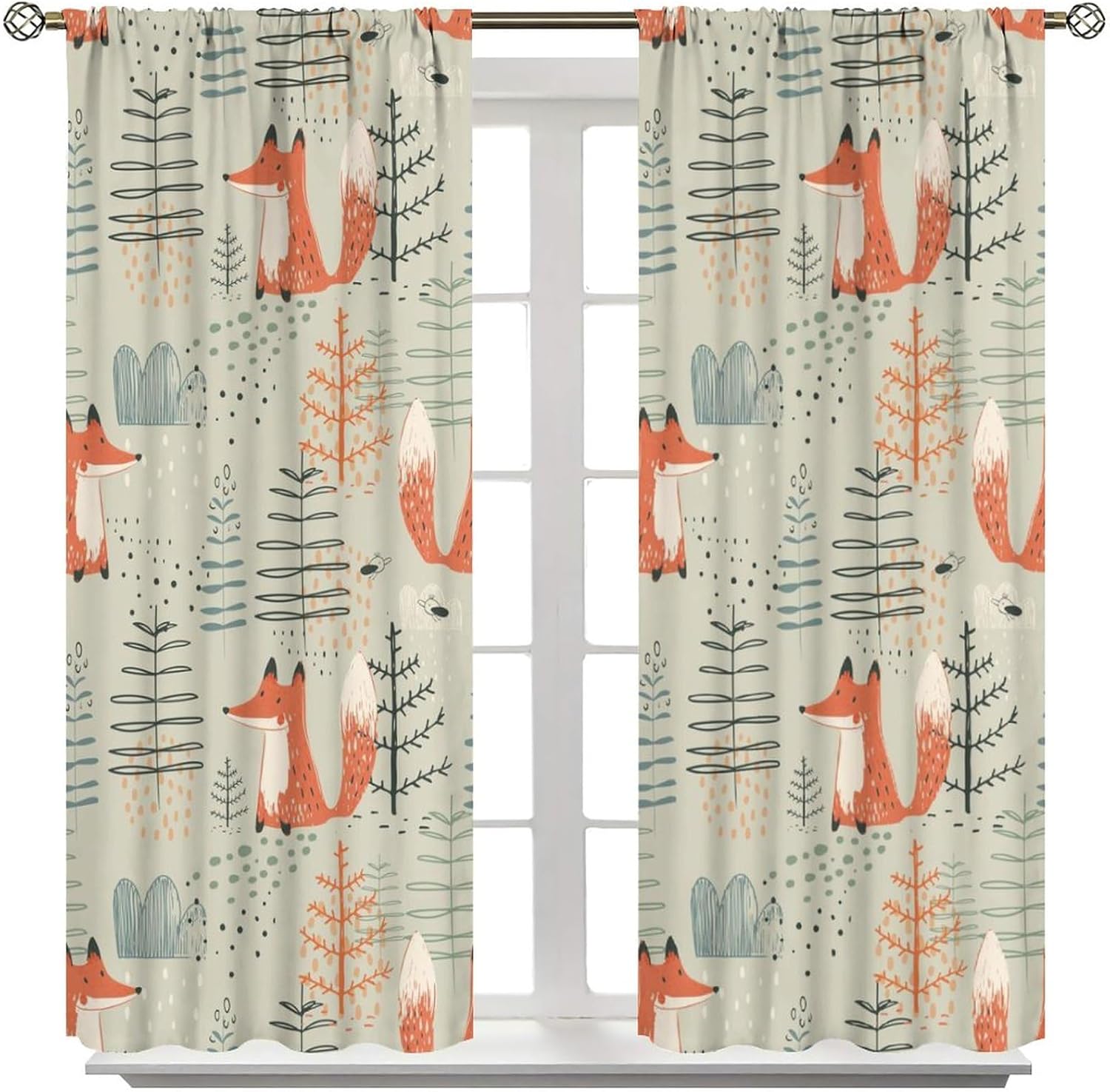 Forest Animal Curtains Cartoon Cute Orange Fox Abstract Tree Vintage Colorful Aesthetic Art Print for Kids Boys Nursery Bedroom Living Room Decor Rod Pocket Blackout Window Drape 84x84in