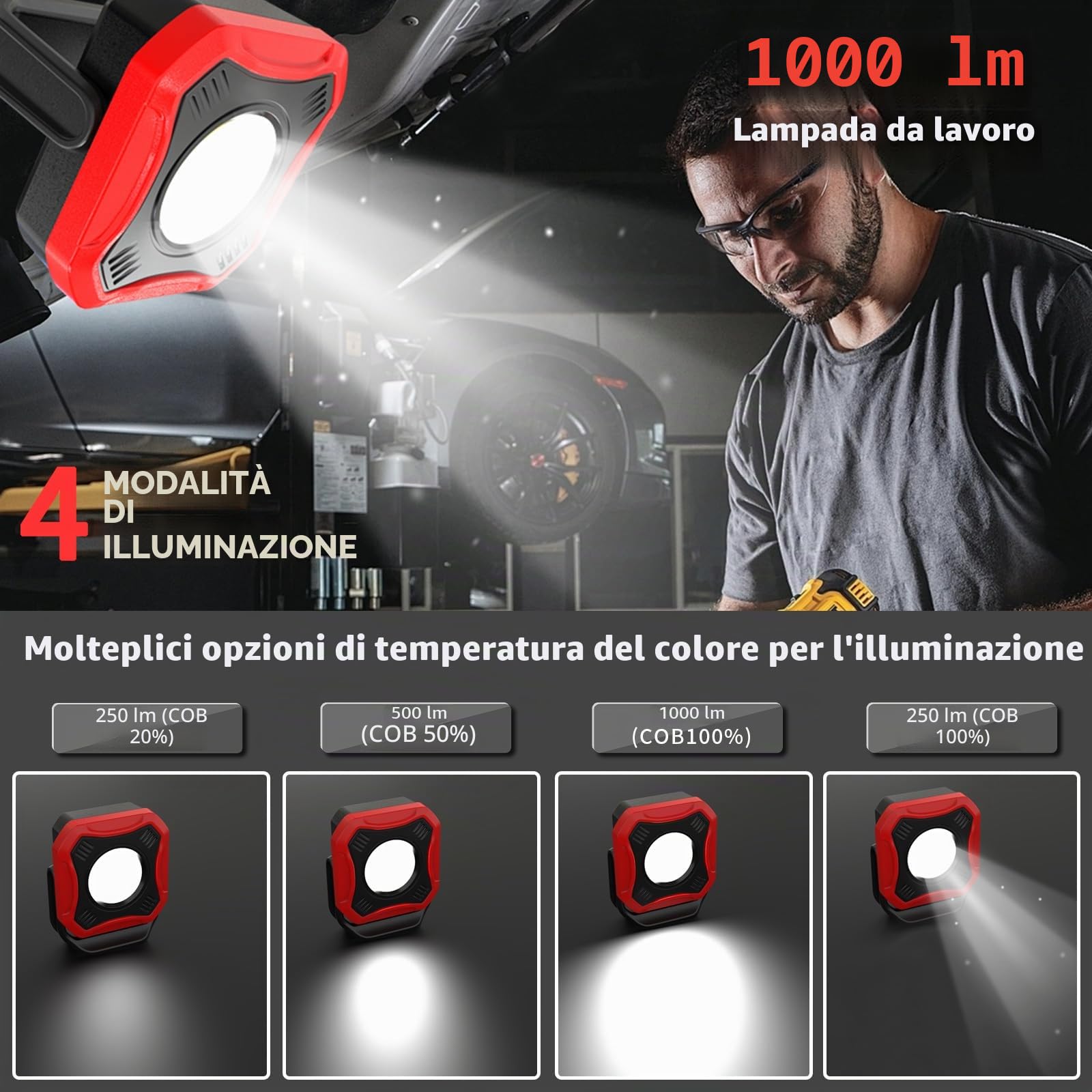 Lampada da lavoro a LED, 1000 lumen, super luminosa, lampada da officina, lampada a batteria, 4 modalità di illuminazione con base magnetica e rotazione di 180°, per garage, officina