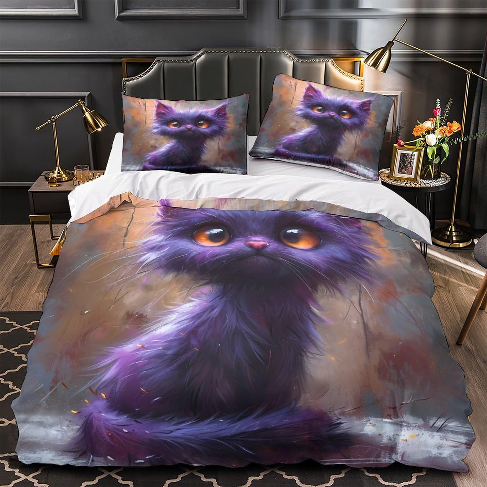 Illustration botanique fleurs violettes housse de couette 3D parure de lit microfibre chic