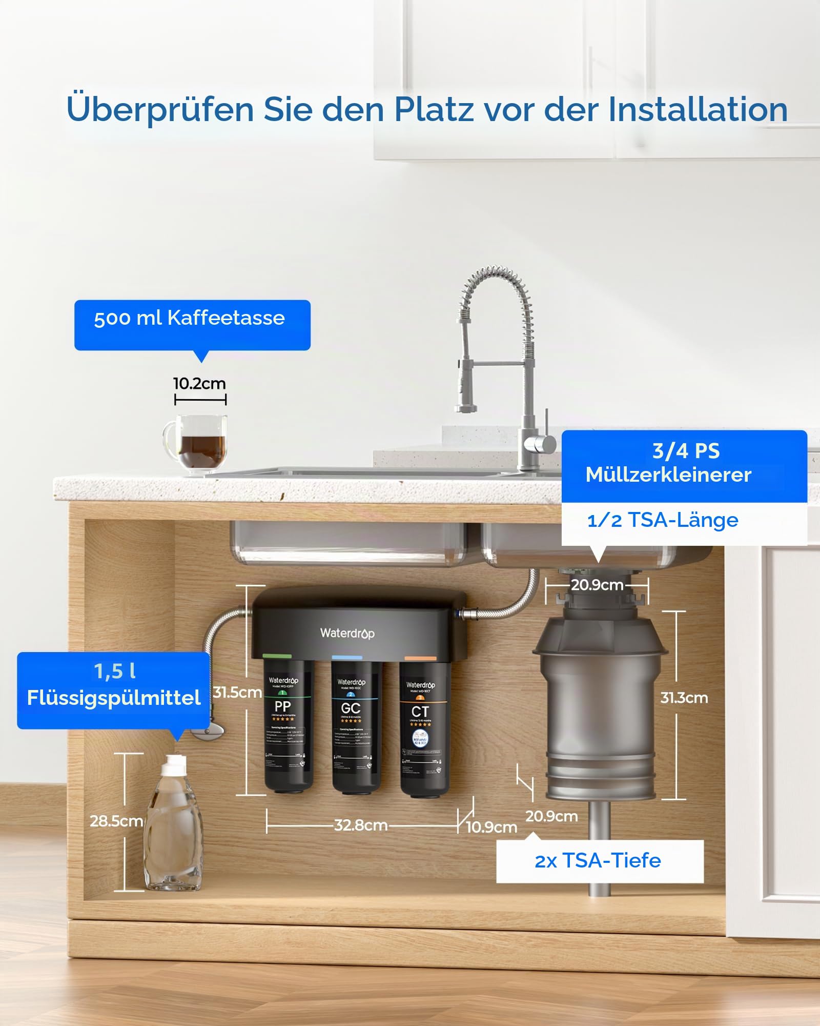 Waterdrop TSA 8-Schicht-Untertisch-Wasserfilter, NSF/ANSI 42 Zertifiziert | 3-stufige 0,5 Mikron Wasserfilter Trinkwasser, NSF/ANSI 42 Zertifiziert, Entfernt 99,99% Blei, Chlor,