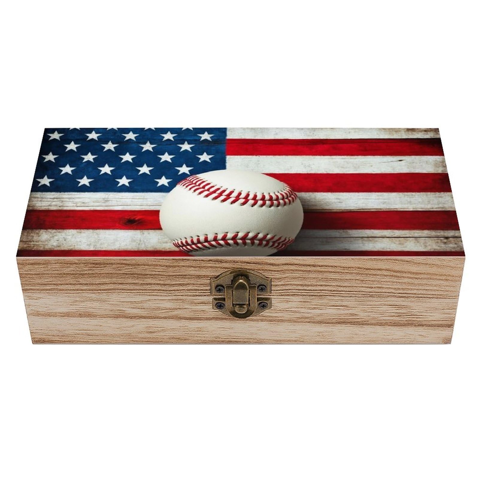 HLBSDM Retro Patterned Wooden Decorative Storage Box, 7.9 x 3.7 x 2.3 inches, Baseball American Flag Keepsake Box with Lid, Jewelry Organizer, Lockable
