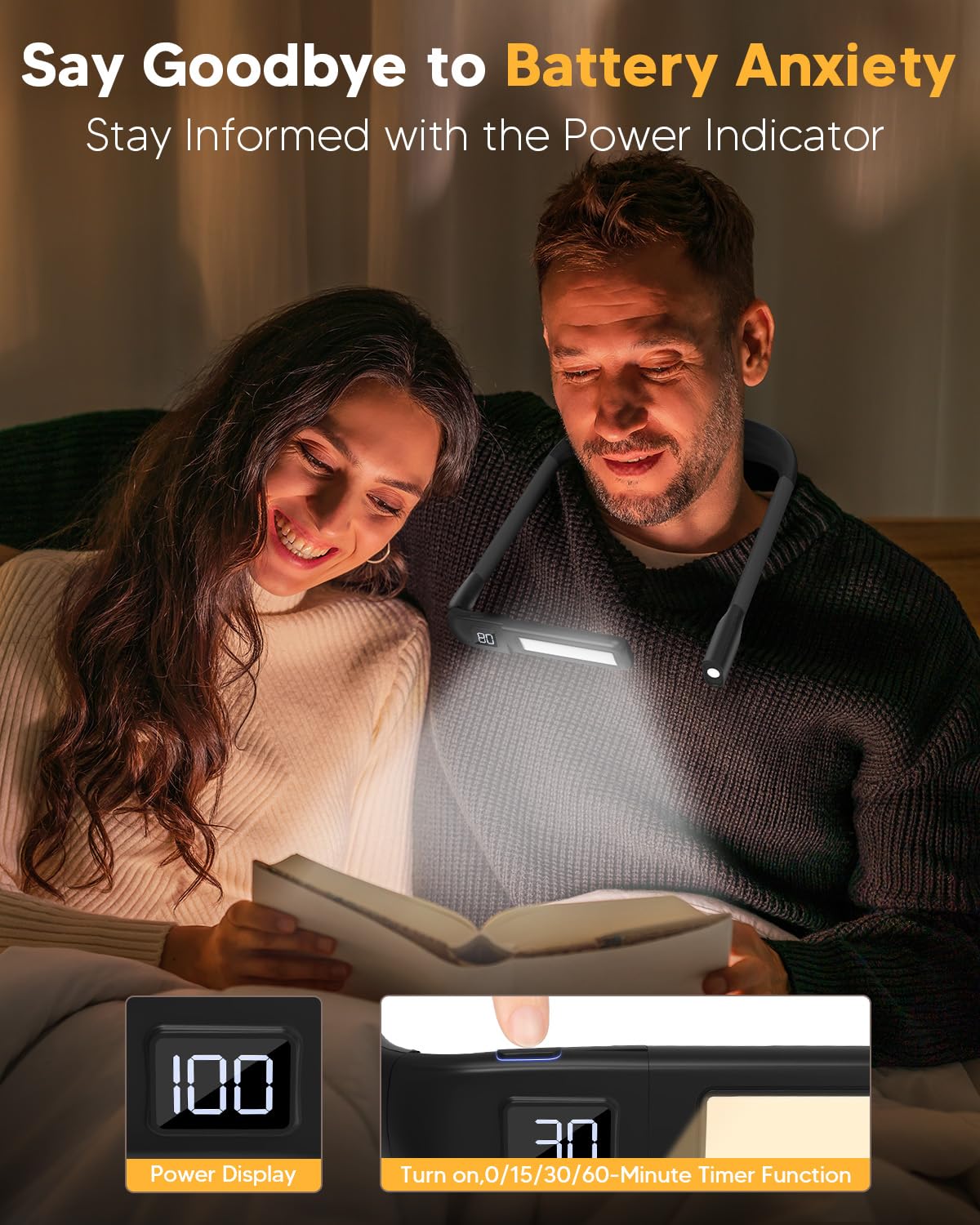 Reading Light Book Lovers Gifts: Upgraded Neck Light with Power Display & Timer, 80Hrs Rechargeable Book Lights for Reading at Night, Birthday Gifts for Readers Women Men, Knitting Crochet Accessories