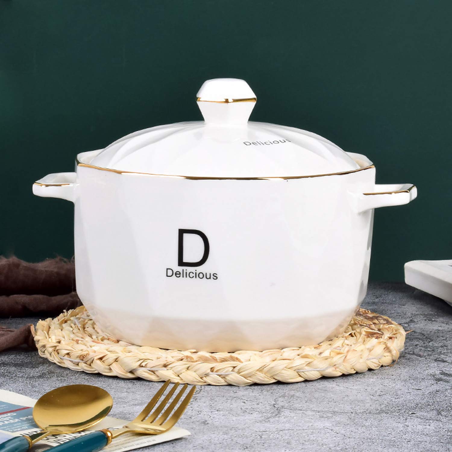 ABHOME - Zuppiera in ceramica con coperchio da 3 litri in porcellana per servire Zuppa per ristorante casa cucina decorazione carino in ceramica per zuppa, porcellana bianca