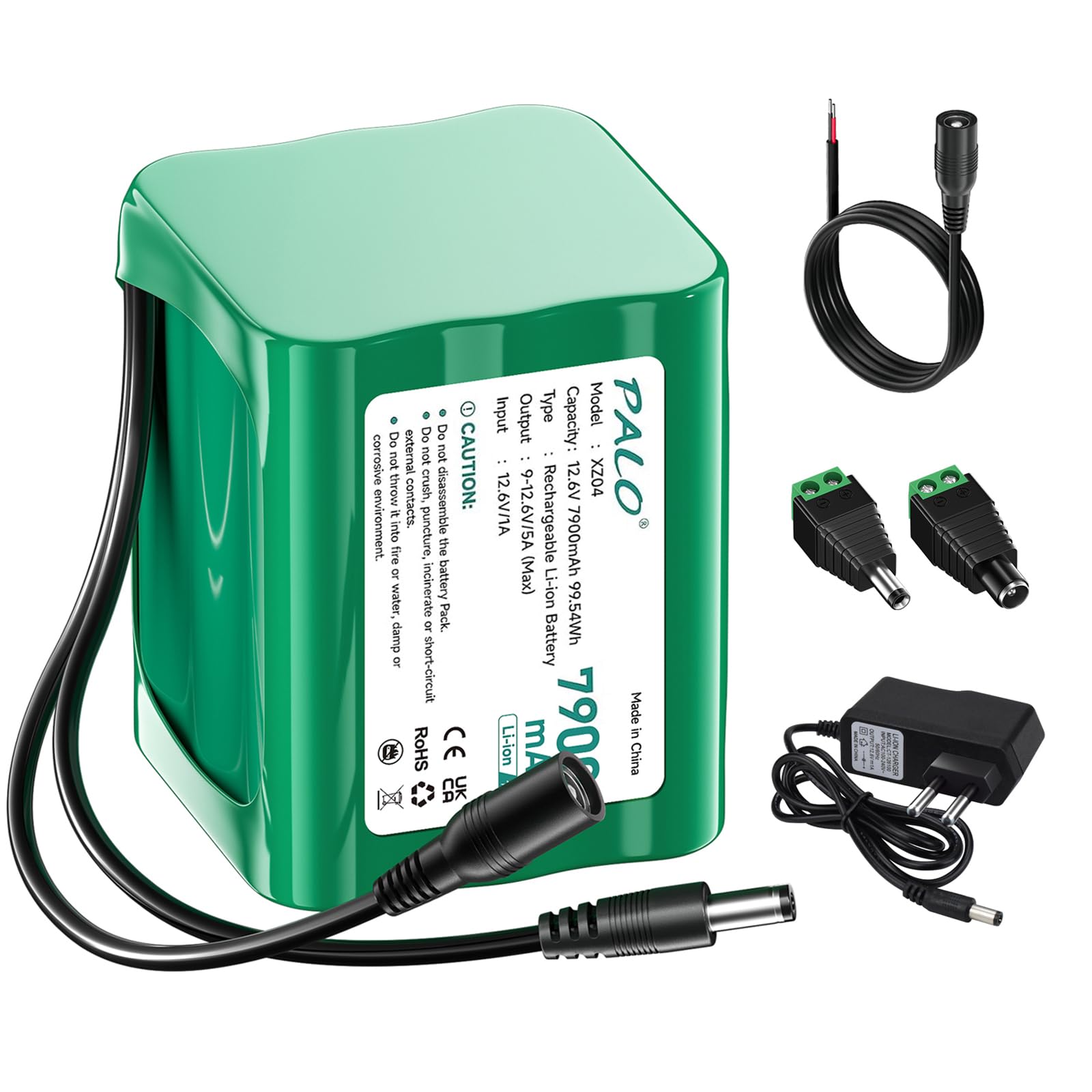 Batteria DC da 12,6 V, 7900 mAh, per dispositivi da 12 V, con caricatore, cavo di collegamento, adattatore di alimentazione e adattatore di alimentazione per luci a LED, lettore MP3, router, fai da te