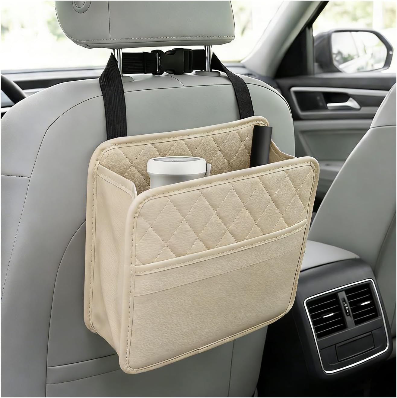 Car Seat Back Organizer, Waterproof Leather Auto Backseat Storage Pocket for Travel Essentials, Universal Multipurpose Backseat Hanging Storage Bag for Cars SUVs Trucks (Beige)