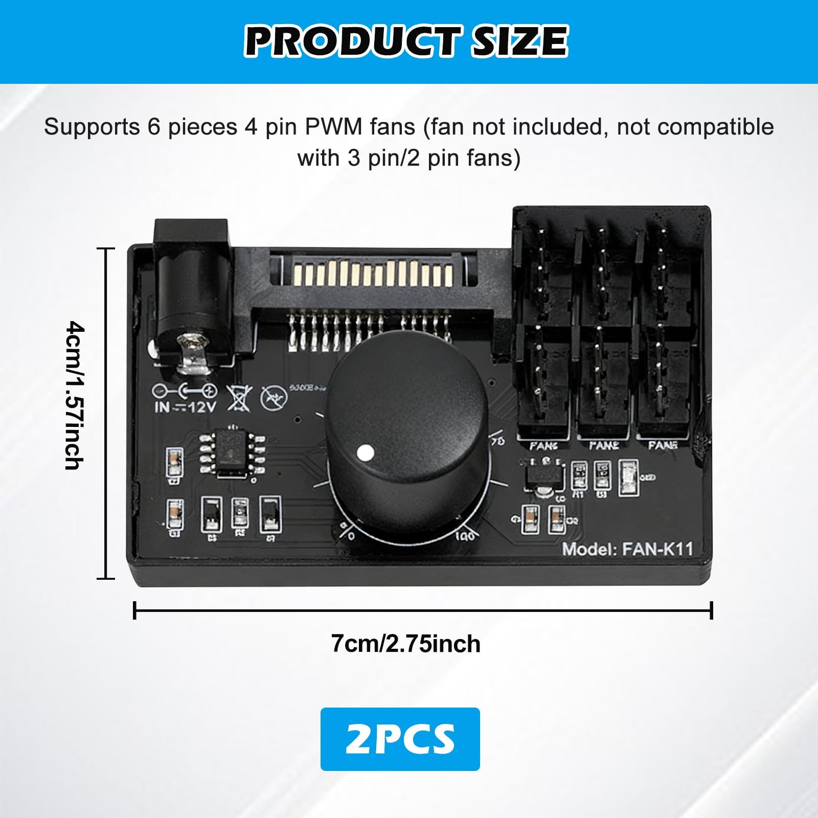 2 controller di velocità della ventola PWM 12 V: 4 poli, hub adattatore ventola per PC con alimentazione tramite SATA e DC 5525, Cooling Fan Speed Knob con uscita massima totale 60 W 5 A