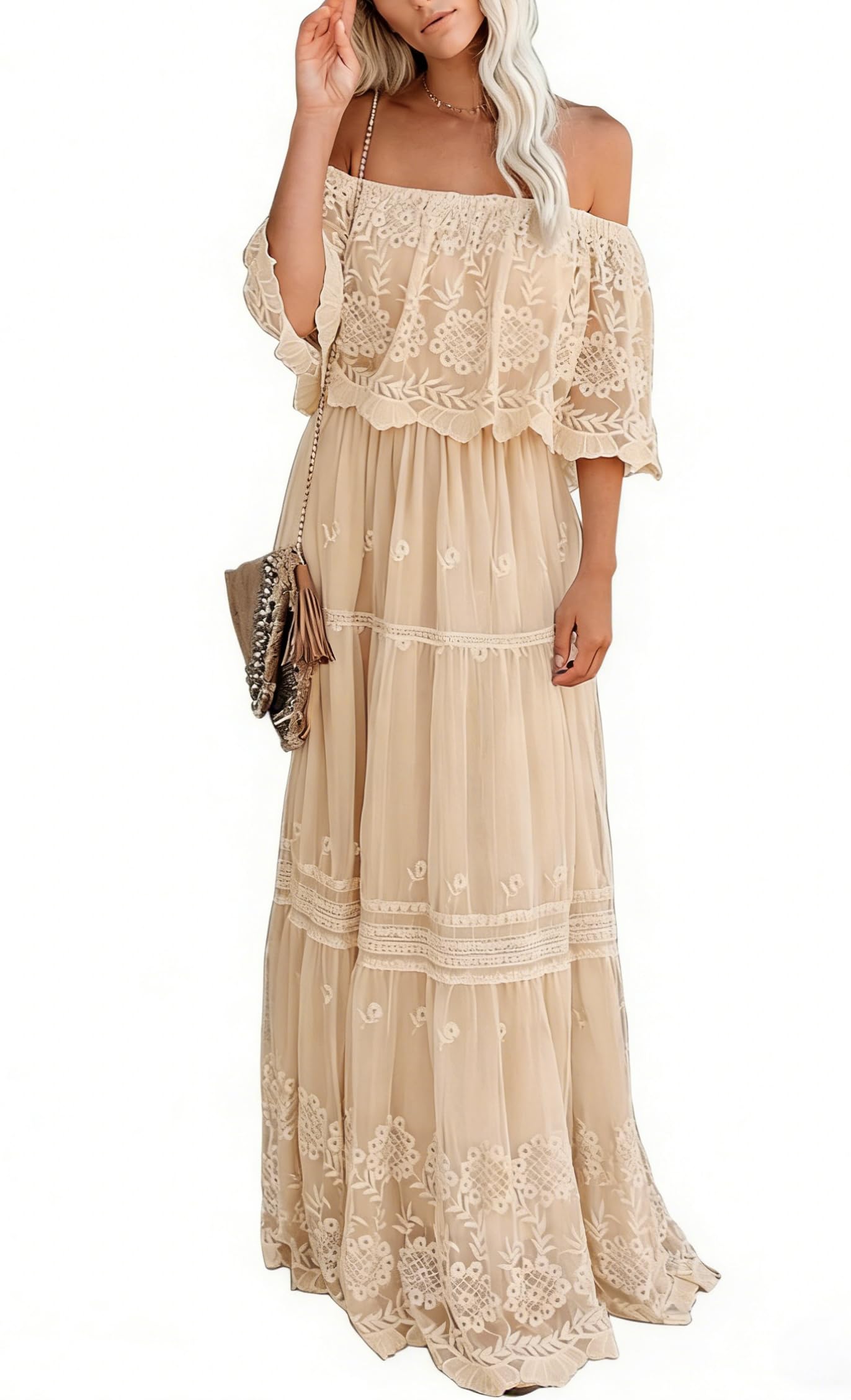MERMAID'S CLOSET Women's Off Shoulder Lace Maxi Dress Boho Wedding Party