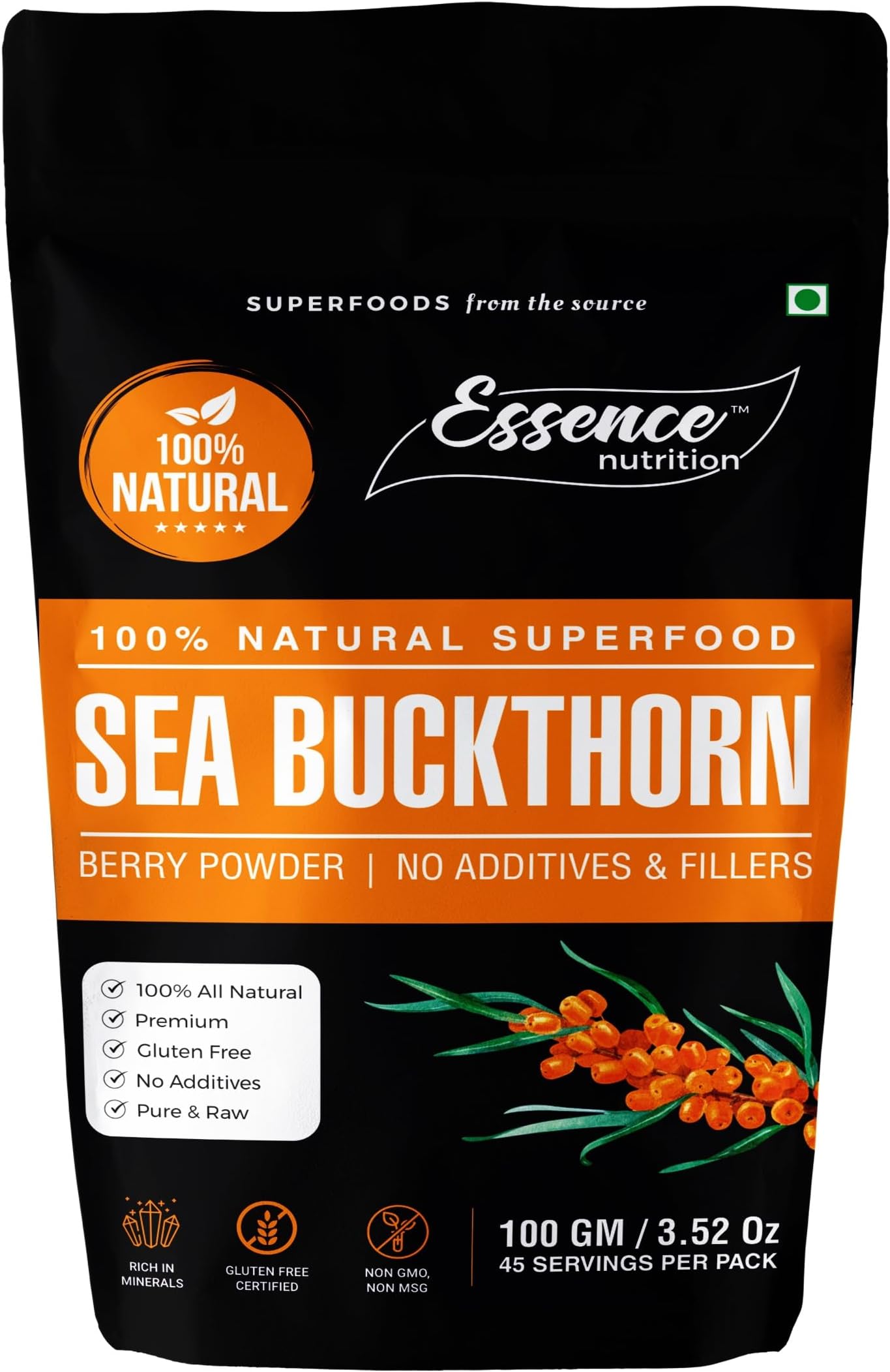 Essence Nutrition Certified Organic Sea Buckthorn Berry Powder (100gm) - 100% Pure & Effective Edible Himalayan Sea Buckthorn Powder For Skin