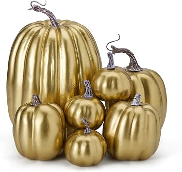 Lucakuins 7Pcs Artificial Pumpkins Fall Decoration Assorted Faux Pumpkin Cute Foam Pumpkins for Home Outside Halloween Decorating Gold2, One Size