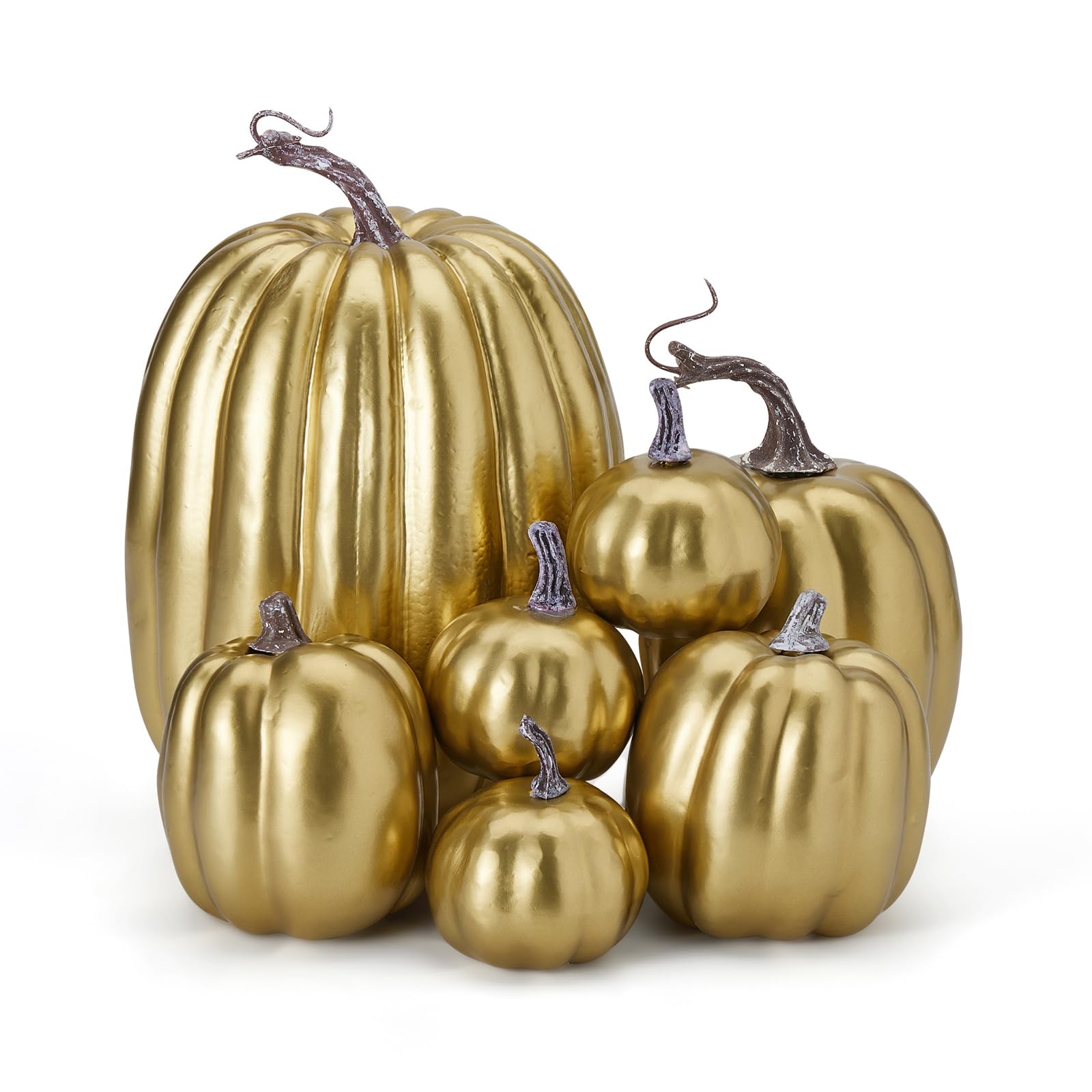 Niceyoeuk 7Pcs Artificial Pumpkins for Decorating,Assorted Faux Pumpkin Cute Foam Pumpkins for Halloween Thanksgiving Party (Gold2, One Size)