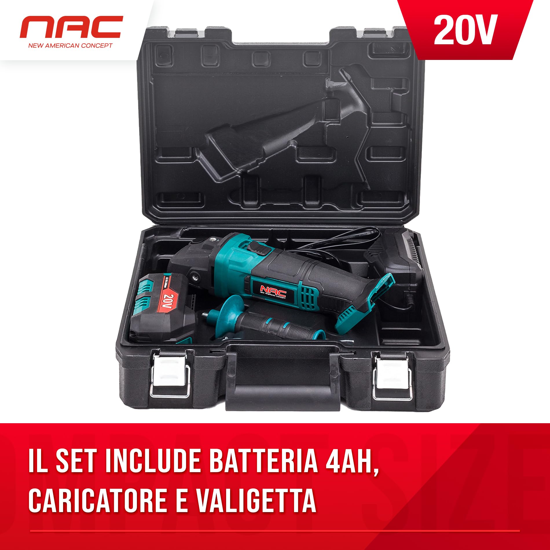 NAC NEW AMERICAN CONCEPT NAC, akumulatorowa szlifierka kątowa 20 V, akumulator 4 Ah, litowo-jonowy, tarcze 125 mm, prędkość obrotowa 10 000, osłona szyby, zielona