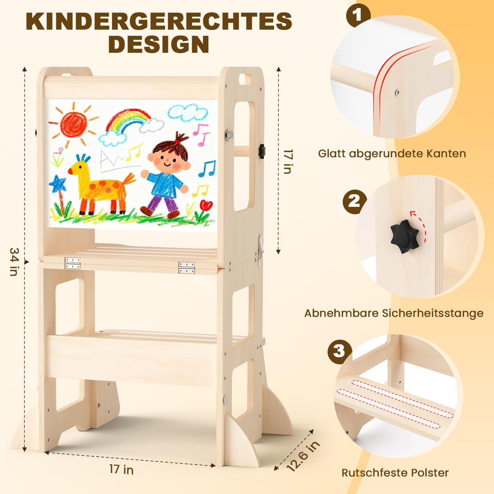 Montessori Lernturm ab 1 Jahr, 4 in 1 Montessori Learning Tower für Kinder mit Rausfallschutz, Lernturm mit Kreidetafel und Whiteboard, Geschenk für Jungen und Mädchen 1-3 Jahre alt