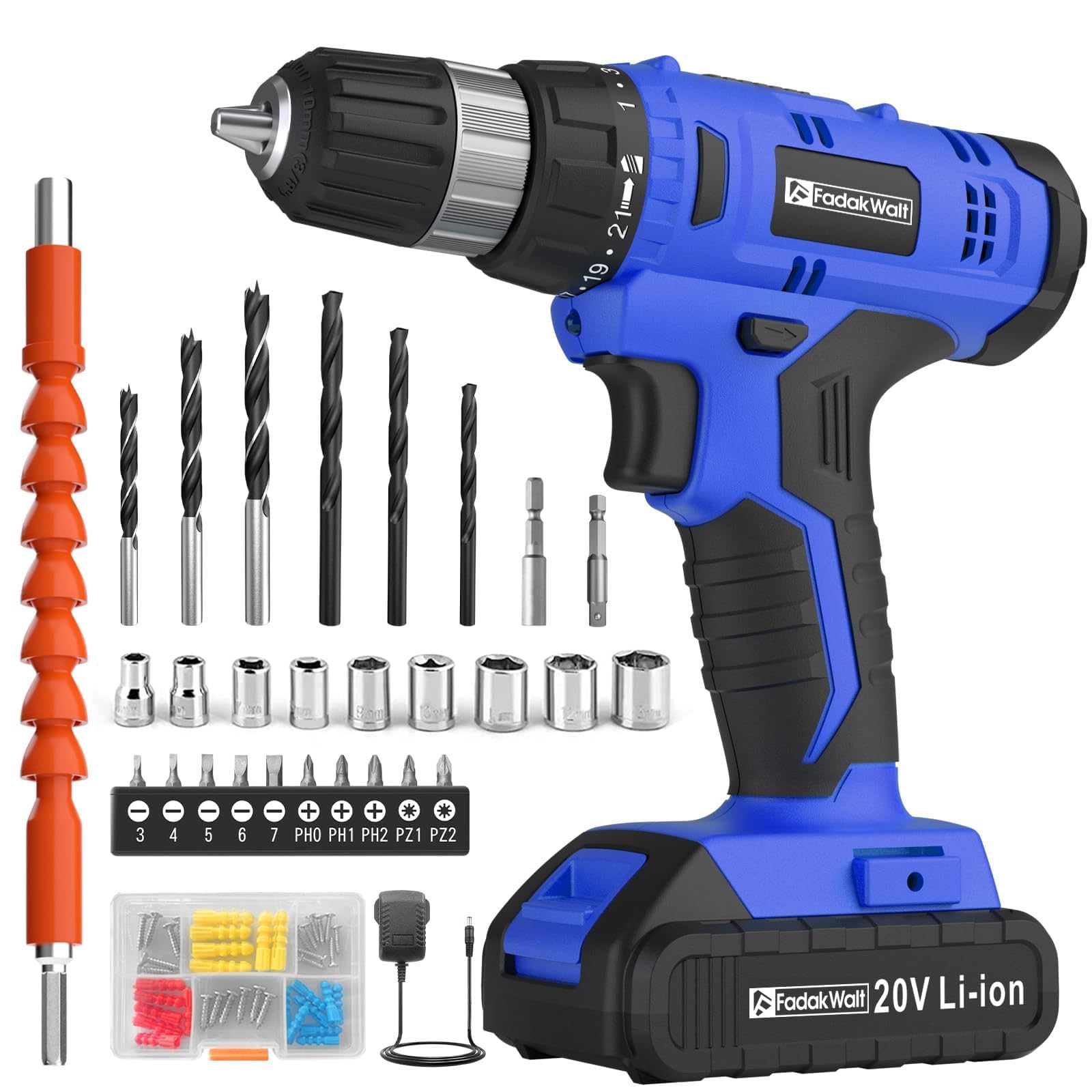 FADAKWALT 20V Cordless Drill Set ，Powerful Drill bit Sets,Torque 30N,21+1 Torque Setting,3/8” inch Keyless Chuck, 40pcs,Electric Drill with 2.0AH Li-Ion Battery and LED Light.