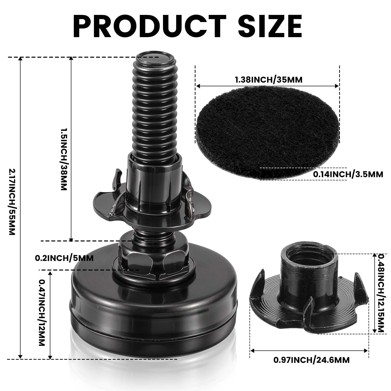 24 patas niveladoras ajustables con tuerca en T, kit de niveladores de muebles de 3/8 a 16 hilos, patas ajustables de metal, patas resistentes, ajustador de altura para mesa, silla