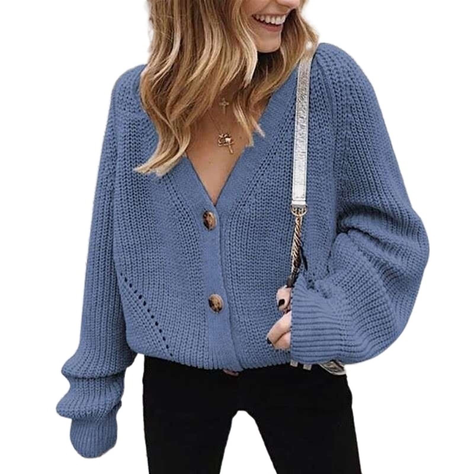 Amazon.com: Women Sweater Plus Size Long Sleeve Top Clothes Solid Color  Loose V-neck Buttons Sweaters Cardige (Color : Blue, Size : Medium) :  Clothing, Shoes u0026 Jewelry