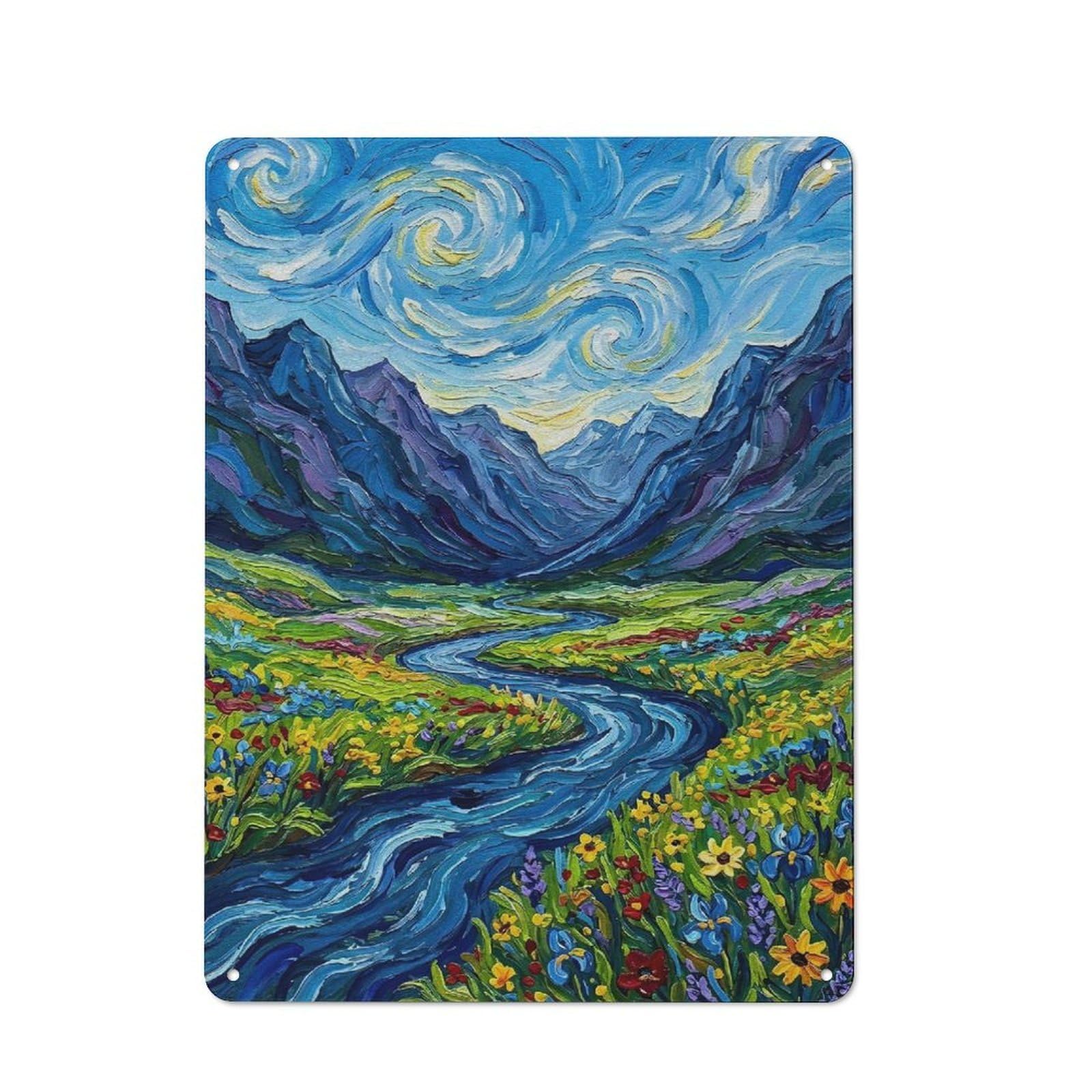 Junmoney Style-23 Impressionistic Mountain Valley River Painting Tin Sign 40X30cm, Vintage Home Bar Decor For Cafe, Pub, Workshop Or Home Bar, For Relaxed Wall Styling