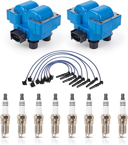ENA Juego de 2 bobinas de encendido azul con 8 bujías de platino y juego de cables azules compatibles con Ford Crown Victoria E-150 F-150 F-250