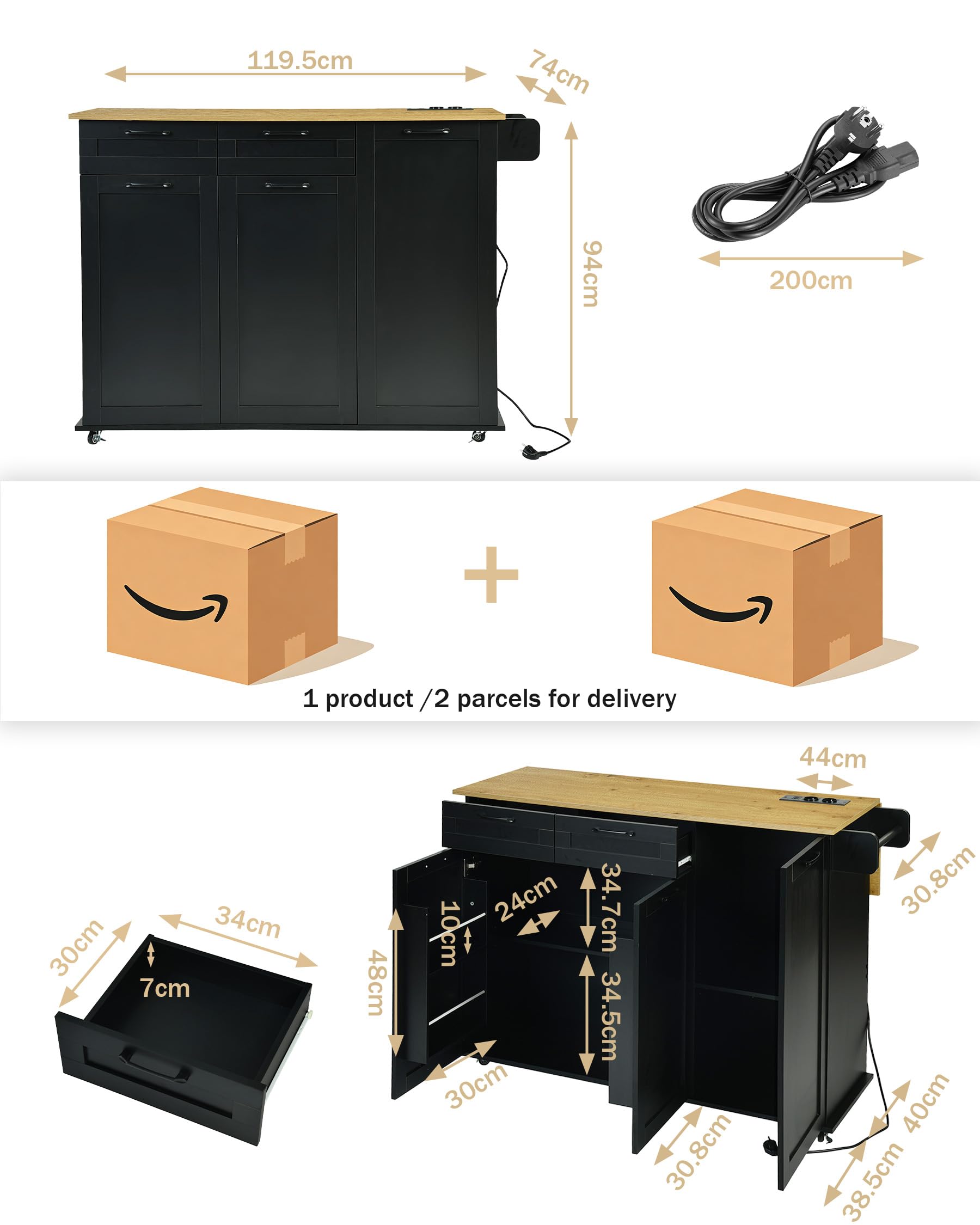 Isola da Cucina con Presa e Piano di Lavoro Pieghevole Mobile da Cucina con Ruote Credenza da Cucina Salvaspazio con 2 Cassetti e 2 Ante Nero/Rovere 120 x 74 x 94,5 cm