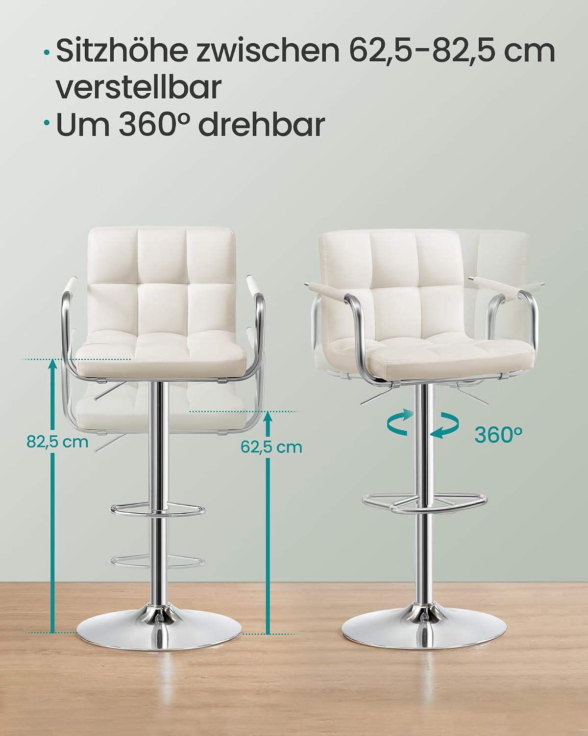 Diagram showing height adjustment range and 360 degree swivel function of a bar stool
