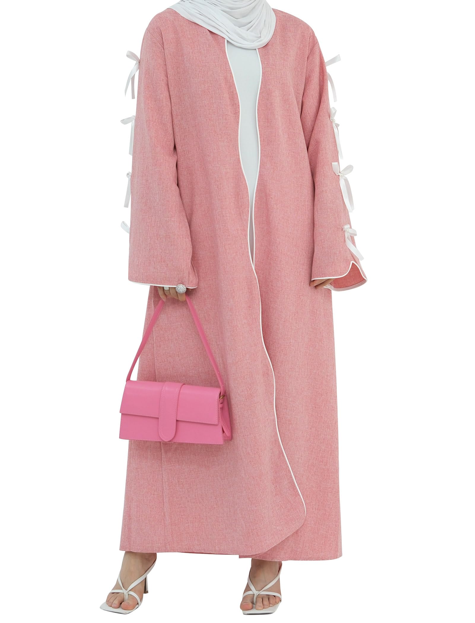 – Muslim Cardigan Elegant Abaya Dress with Bow Detail Long Sleeve Open Front Dubai Style Robe for Women Middle East Arabian Robe Islamic Full Length Casual Maxi Dress