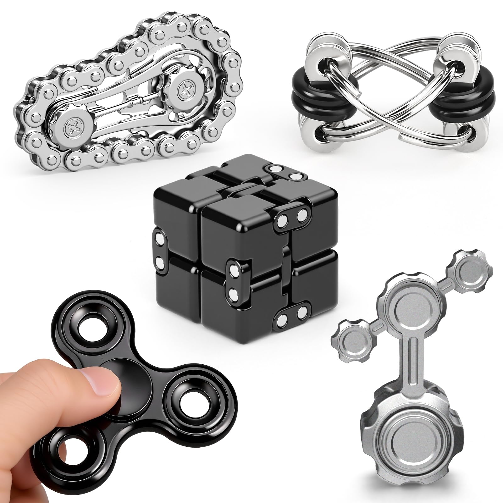 Metal Fidget Spinner Toys for Kids Adults, Sensory Toy Set with Fidget Chain, Infinity Cube, Fidget Slider, Flippy Chain, Metal Tri Spinner, Cool Office Desk Toy (5 PCS) โ image 1