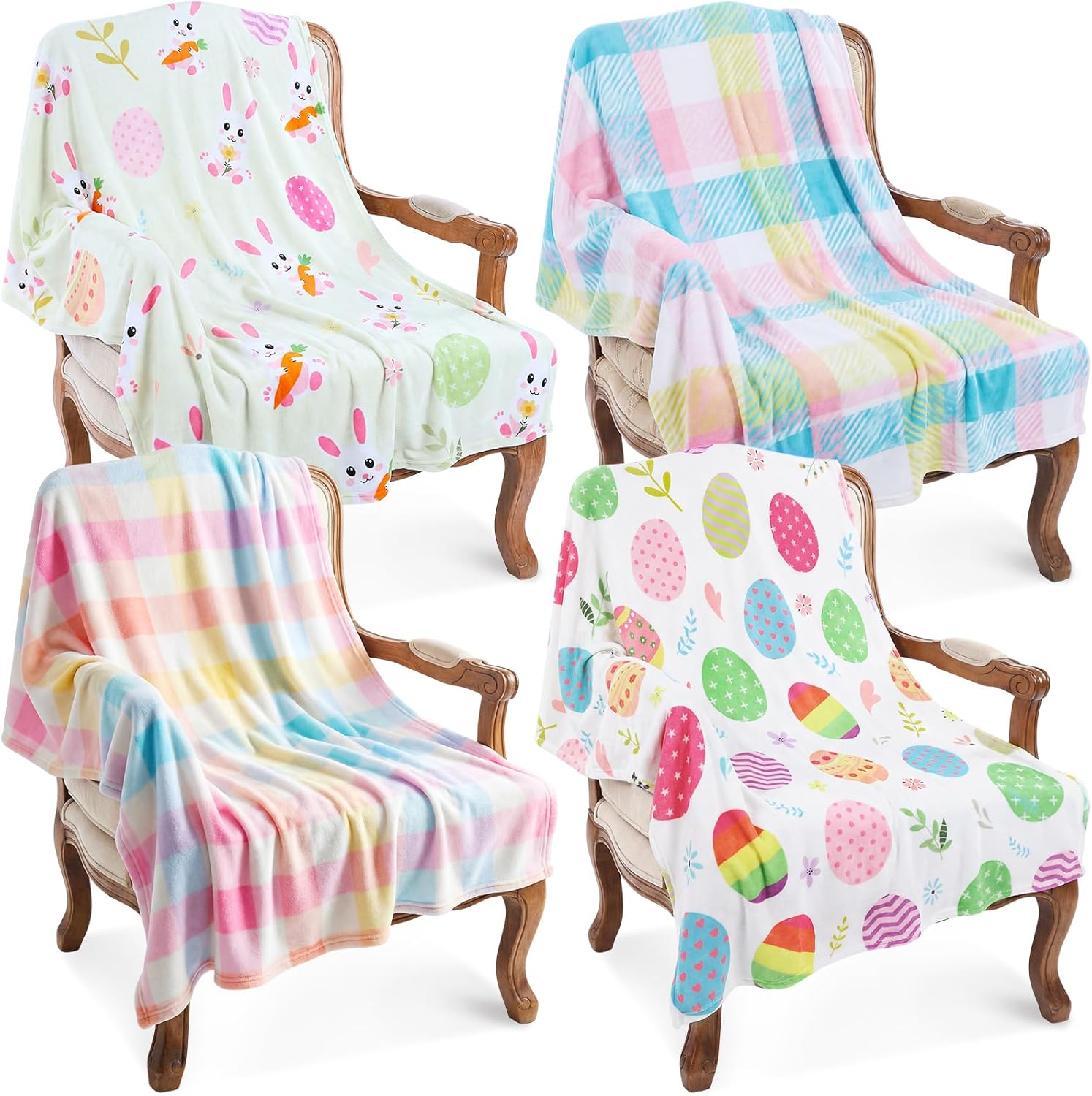 Chumia 4 Pcs Easter Blankets Pastel Eggs Bunny Plaid Plush Spring Throw Blanket Soft Cozy Lightweight Warm Colorful Flannel Blanket Easter Gifts for Couch Chair Sofa Bed Travel Supplies 40x50 Inch