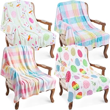 Chumia 4 Pcs Spring Blankets Pastel Eggs Bunny Plaid Plush Spring Throw Blanket Soft Cozy Lightweight Warm Colorful Flannel Blanket Gifts for Couch Chair Sofa Bed Travel Supplies 40x50 Inch