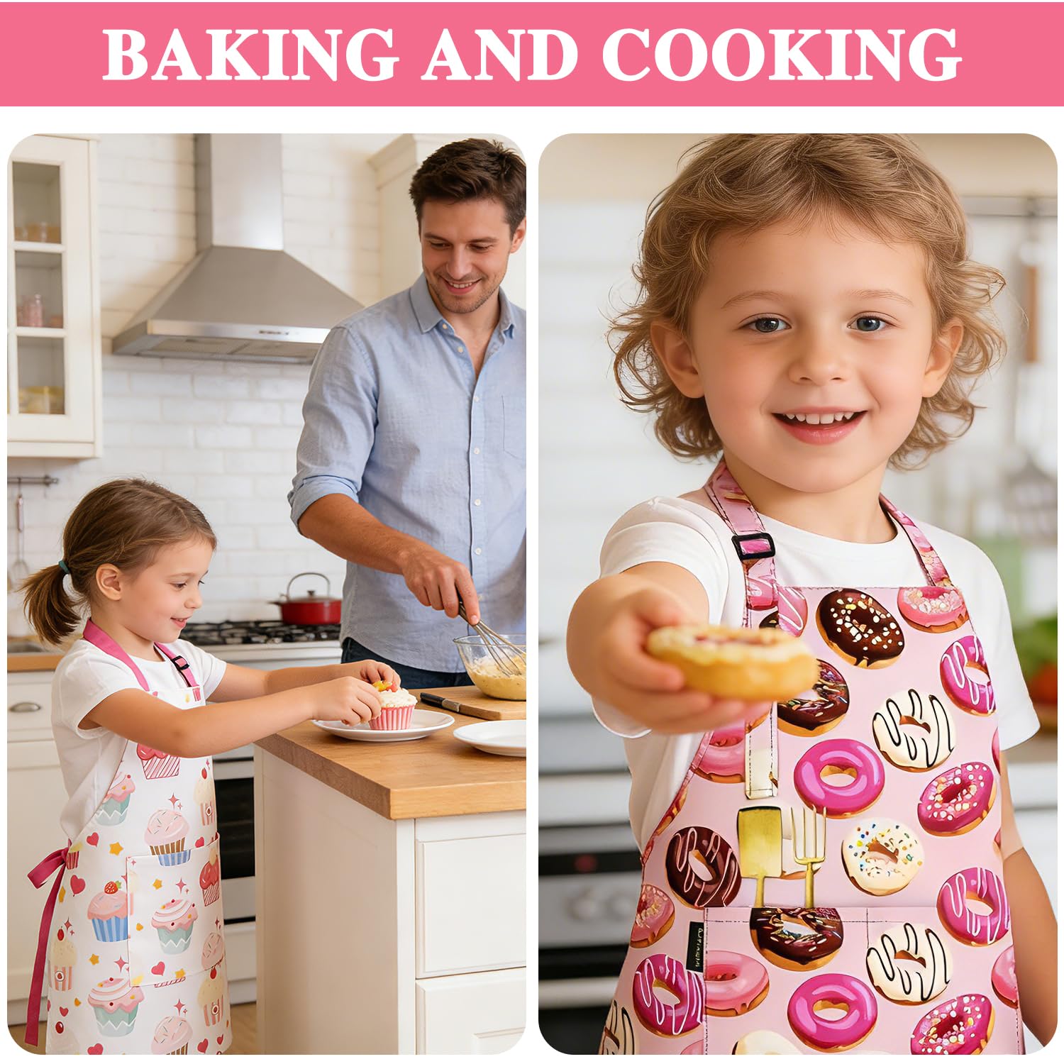 MOTIBACK 2Pcs Kids Aprons for Cooking Adjustable Children's Waterproof Play Aprons, Pink Donut & Cake Design - Image 4