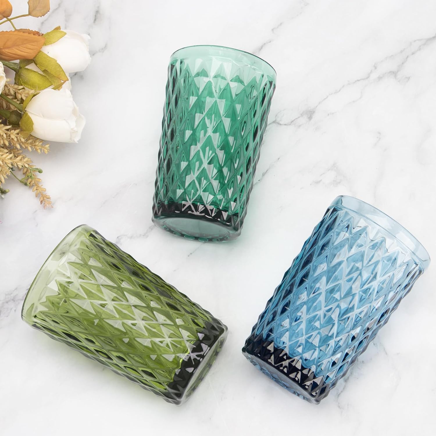 Topsky Highball Drinking Glasses Set of 6,12 oz Colored Glassware with Geometric Diamond Pattern,Embossed Diamond Tumblers,Blue Vintage Glassware Set for Beer,Juice,Cocktail - Image 7