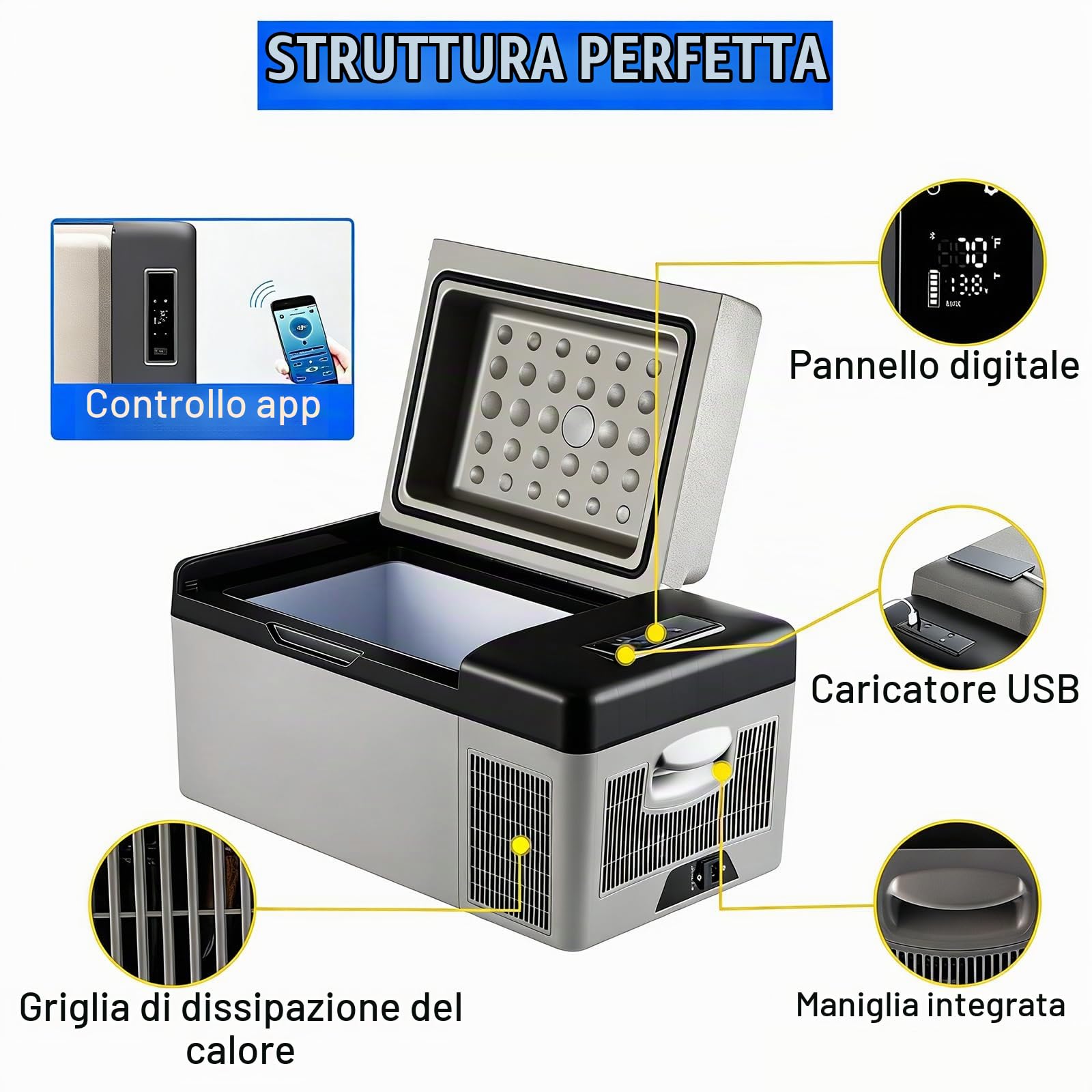Frigorifero Portatile Auto 12V, Frigo Compressore da Campeggio -20℃~20℃, Mini Congelatore per Auto Camper SUV e Viaggi, Raffreddamento Rapido per Bevande, Alimenti e Outdoor