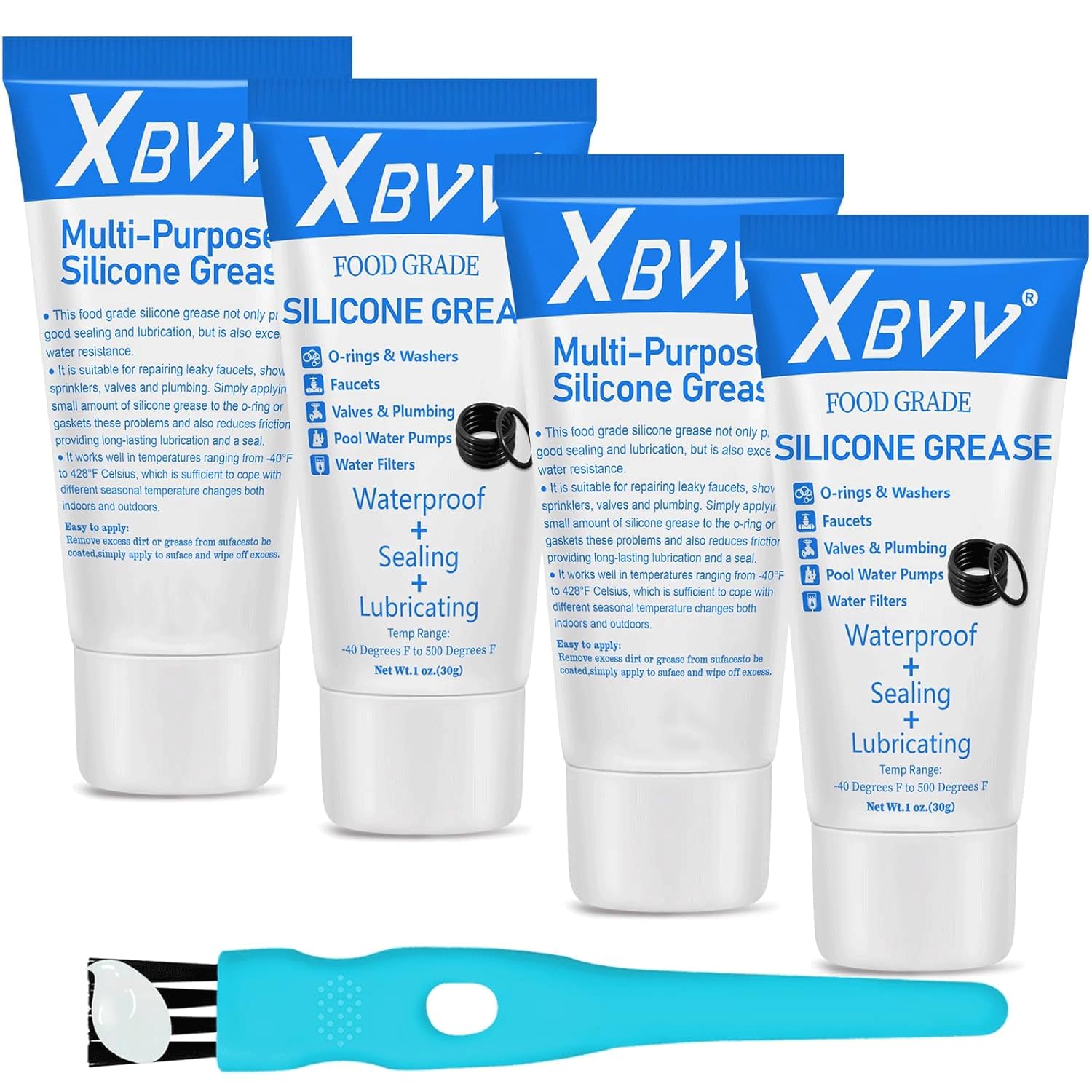 XBVV Silicone Grease for O-Rings & Rubber Seals, Plumbing Tap Valve Lubricant, Waterproof O Ring Lubricating Grease for Rubber Washer, 1oz Tube with Applicator Brush, 4 Pack — image 1