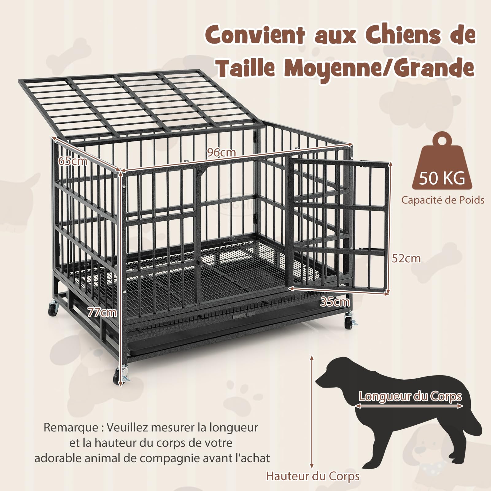 COSTWAY Cage pour Chien, Cage Chien Pliable à roulettes, 2 Portes Verrouillables, Plateau Amovible, Anti-Mastication, Cage Chien Interieur, Cage de Transport pour Chien (L)