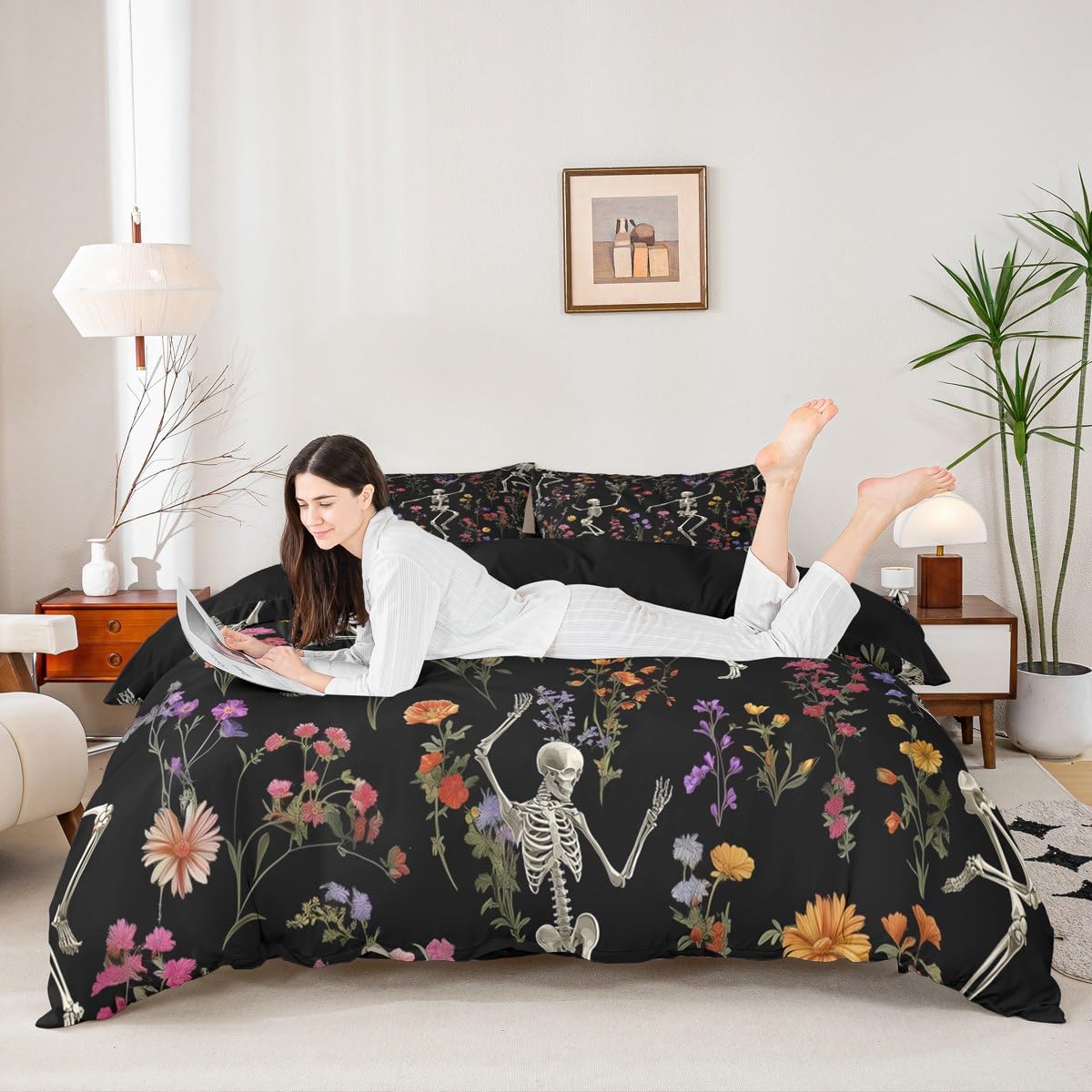Homewish Śmieszne tańczące zestawy poszewek na kołdrę w rozmiarze king size czarna gotycka kwiatowa pościel dla kobiet mężczyzn, gotycka czaszka upiorna poszewka na kołdrę na Halloween, zestaw