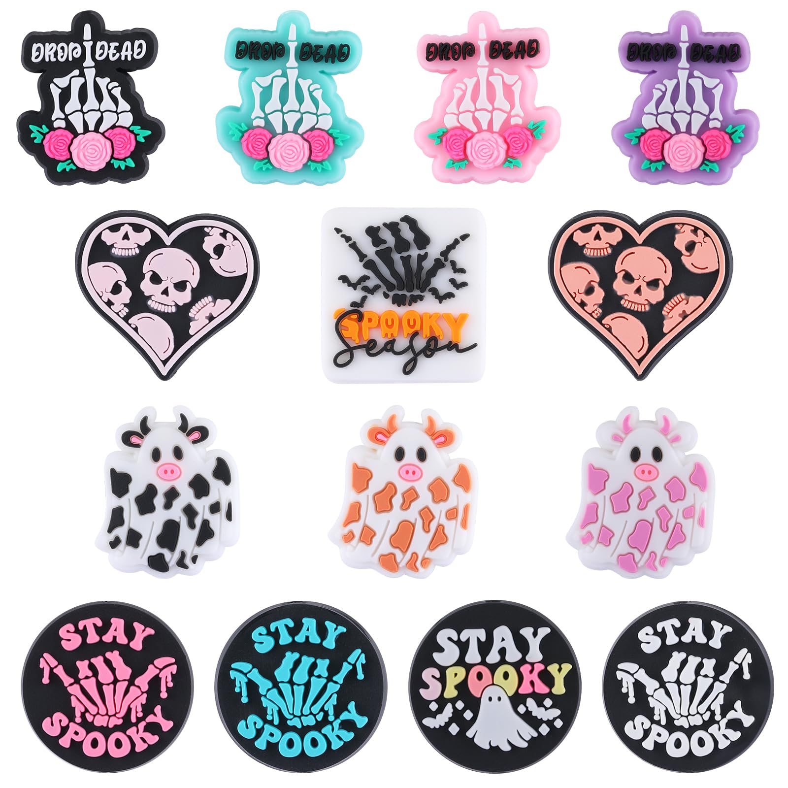 HUAAPLEVLA 14 Pcs Halloween Silicone Beads for Keychain Making Unique Focals Skeleton Focal Beads for Pens DIY Handicrafts Necklace Bracelet Lanyard Jewelry Making（Skeleton