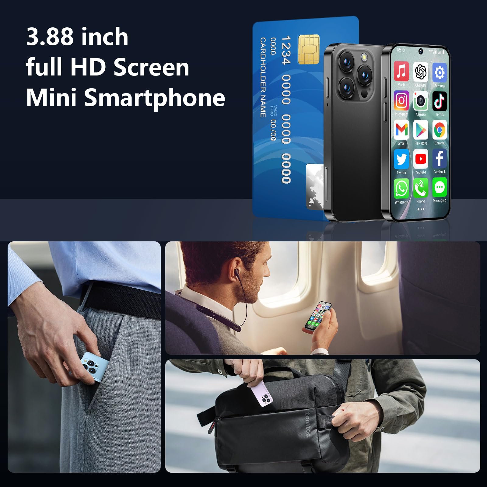 Mini smartfon 4G, mini odblokowany telefon komórkowy 3+32 GB – wyposażony w HD ekran 3,88 cala, baterię 2000 mAh, aparat 5 MP, podwójne SIM z podwójnym trybem czuwania, ultra cienki design