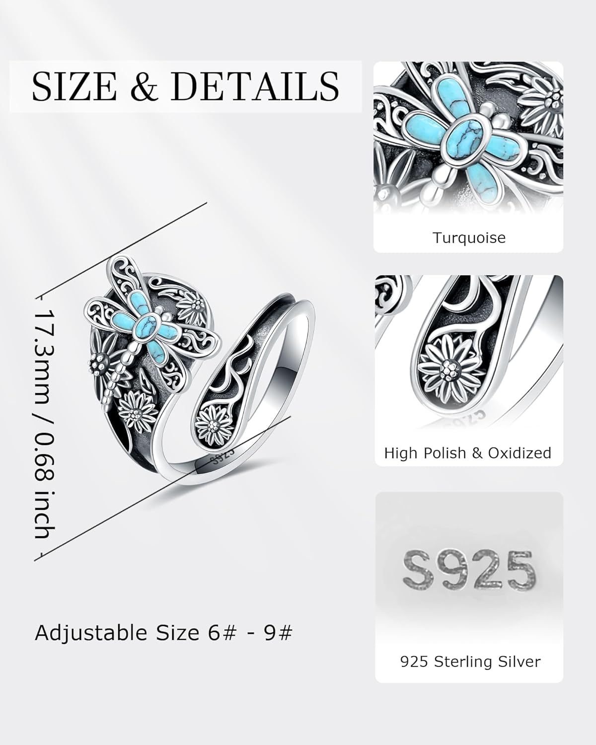 Turquoise Jewelry for Women - Sterling Silver Turquoise Rings Vintage Adjustable Sunflower Dragonfly Butterfly Spoon Ring Victorian Style Boho Antique Flower Thumb Statement Rings Jewelry Gifts for Women