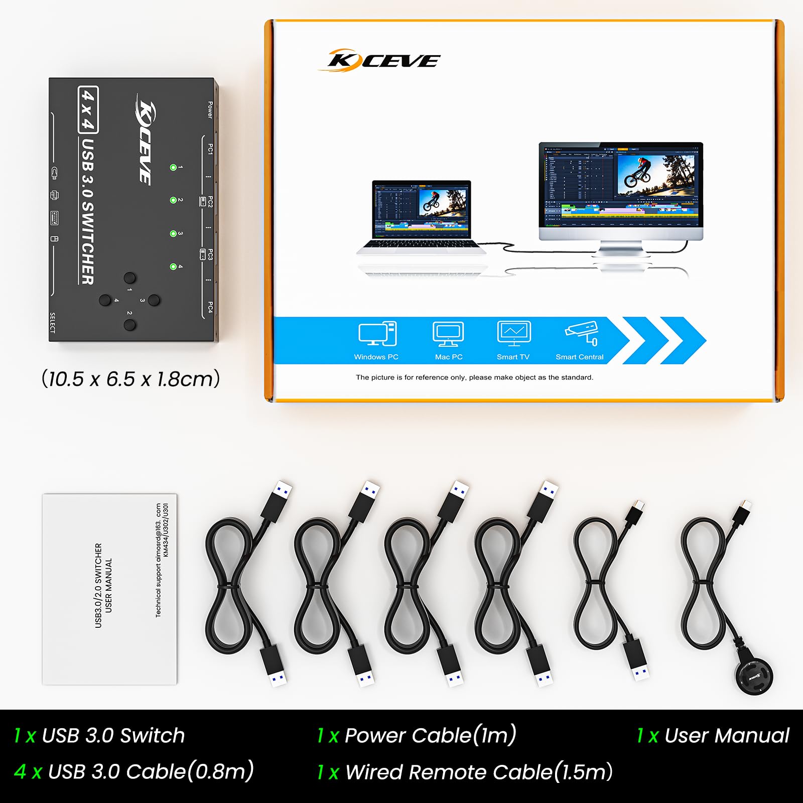 USB 3.0 Switch 4 PC, 4 in 4 out USB Switch3.0 per 4 computer Condividono Mouse, Tastiera, Stampante, Scanner, Keyboard and Mouse Switch Viene fornito con telecomando cablato e 4 cavi